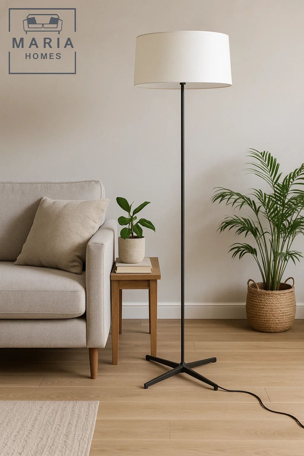 MARIA HOMES-Slim Tripod Floor Lamp with White Drum Shade 2
