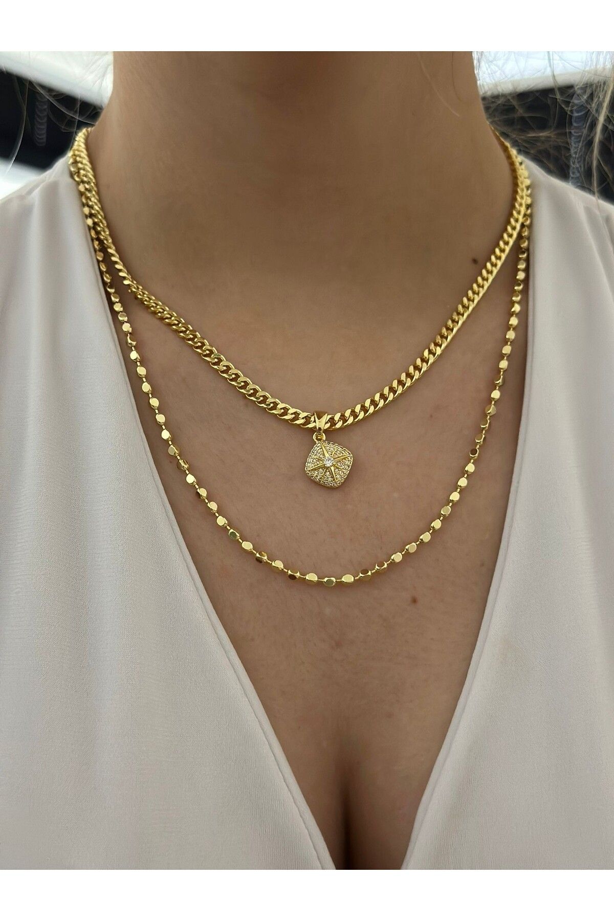 MyladyAccessoriess Zirkon Taş Kutup Yıldızı Detaylı İkili Çelik Kolye
