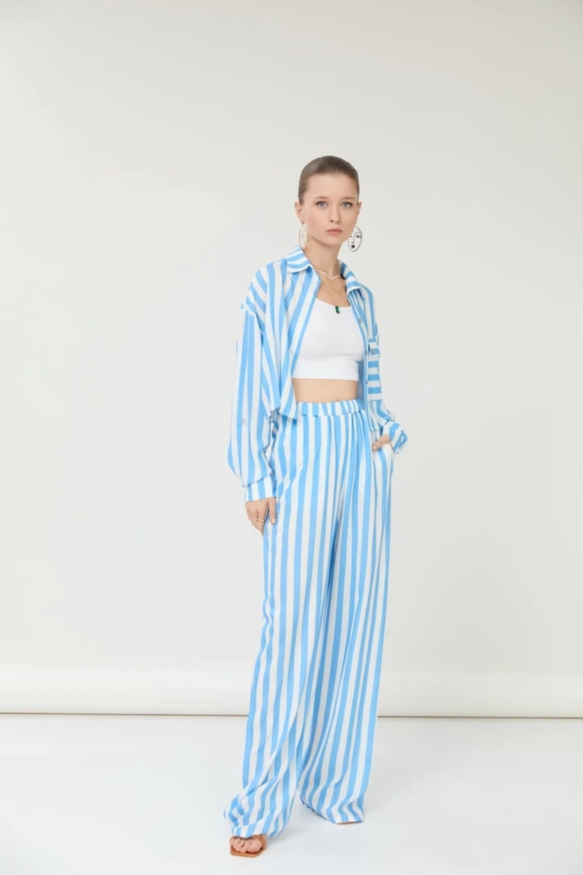 EUROFASHION Mavi Çizgili Crop Gömlek 3'lü Set Takım
