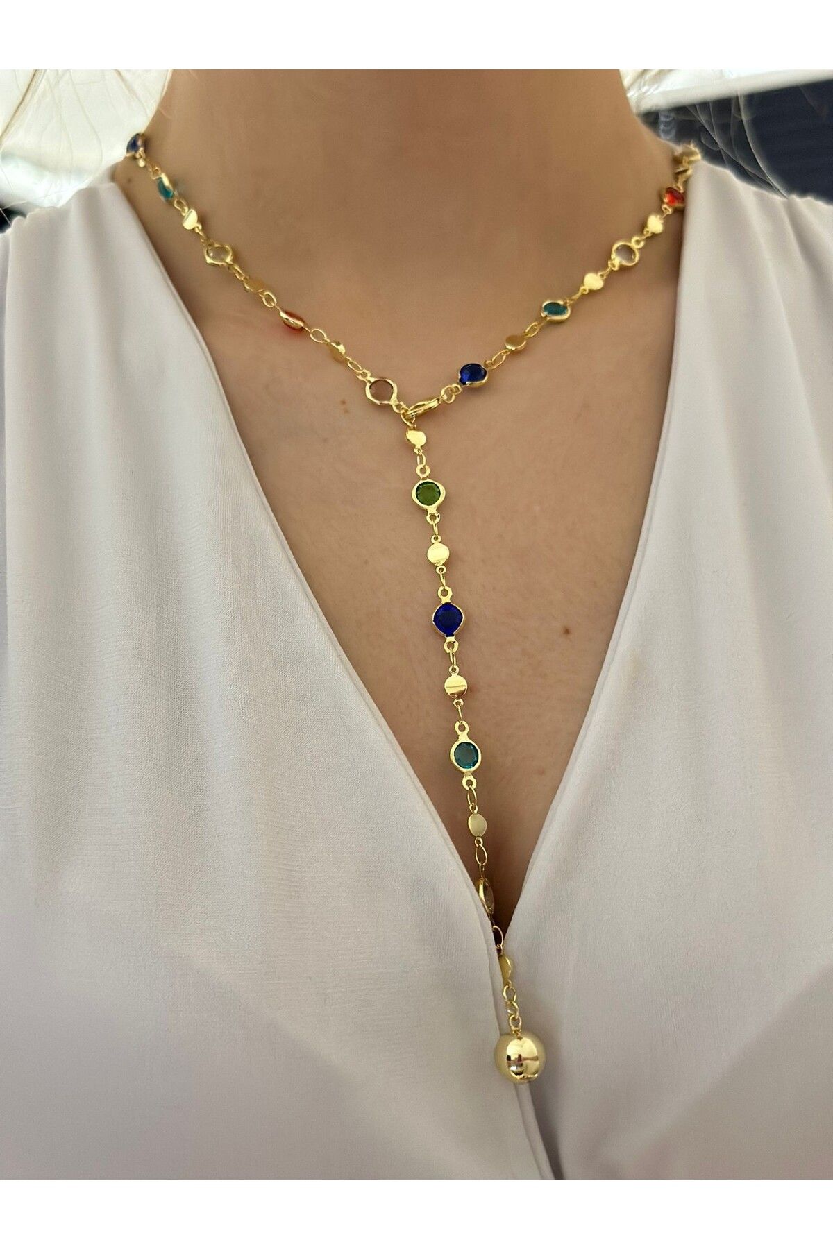 MyladyAccessoriess Renkli Tek Taş Ve Topçuk Detay Y Çelik Kolye