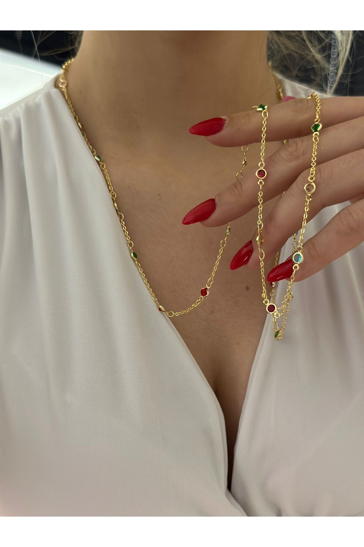 MyladyAccessoriess Renkli Tek Taş Detay Uzun Dolamalı Çelik Kolye