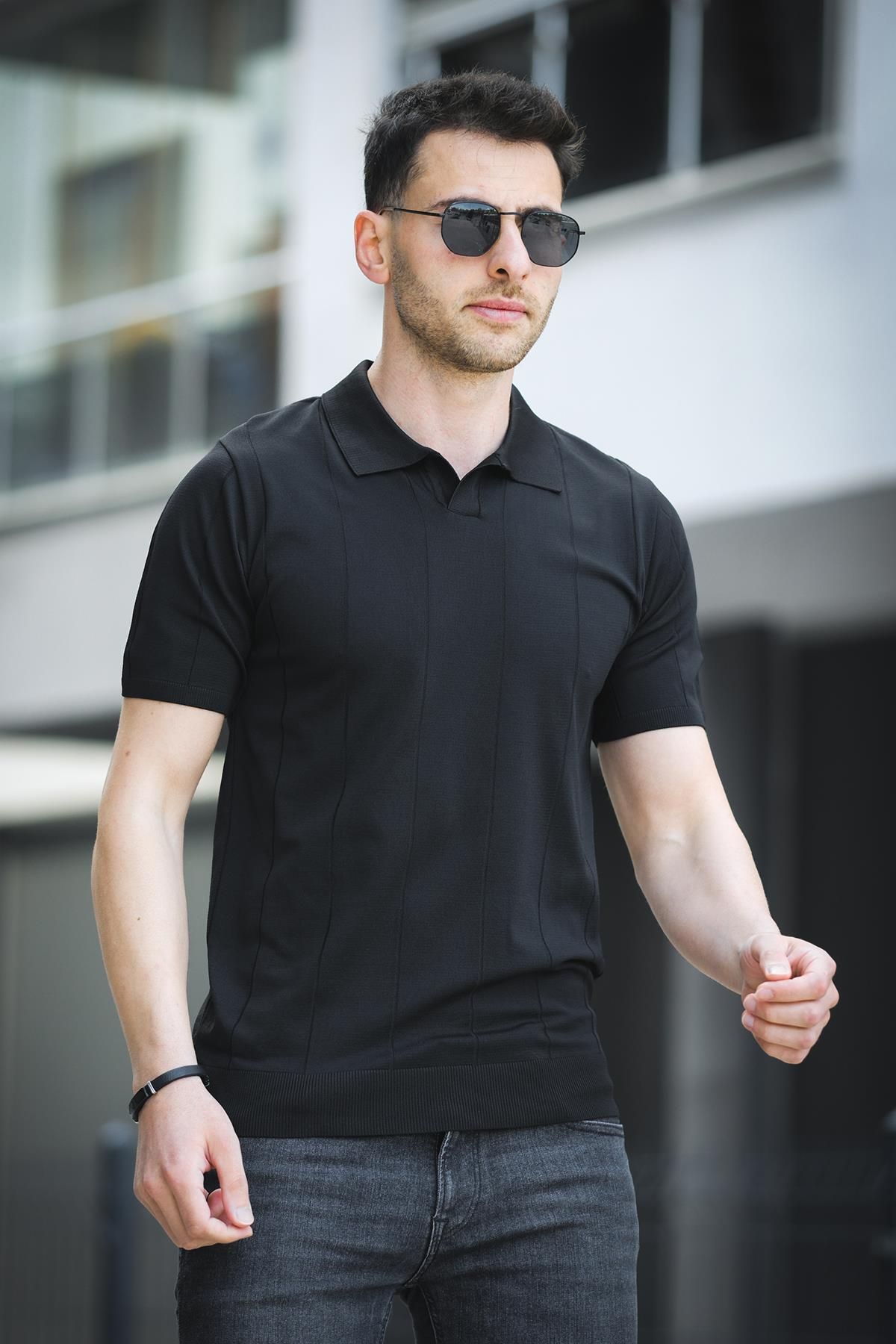 since 1990 man Manquentin Çizgili Likralı Slim Fit Polo Yaka Örme Erkek Triko Tshirt