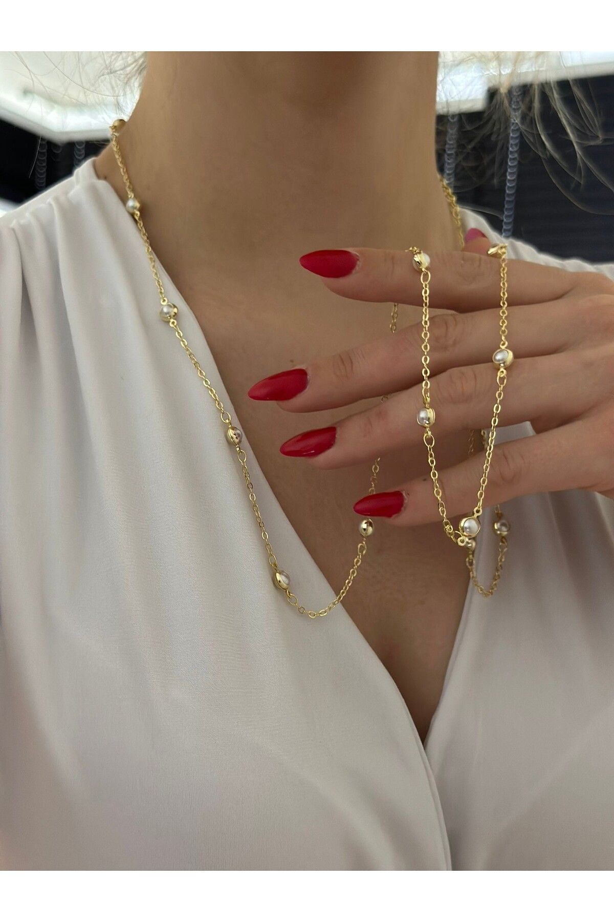 MyladyAccessoriess İnci Detaylı Uzun Dolamalı Çelik Kolye