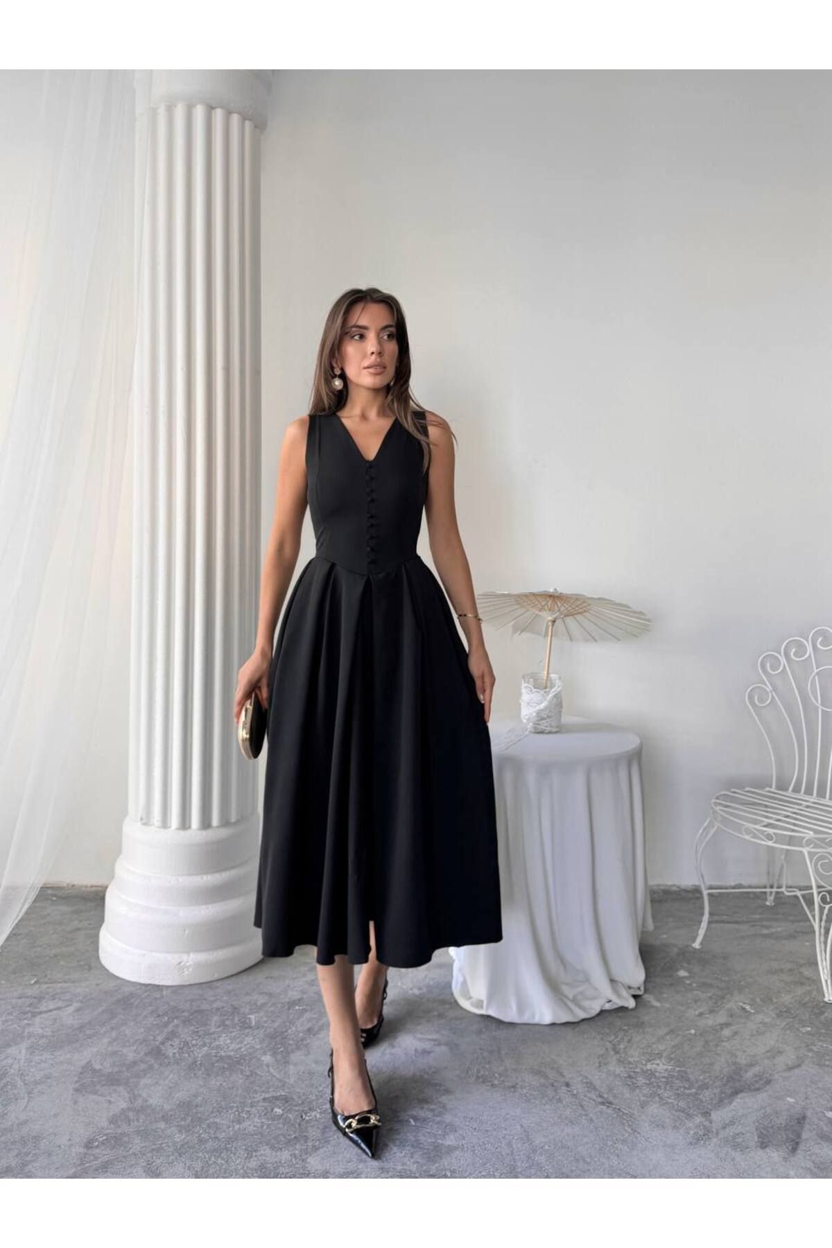 conconmoda Dore Piliseli Düğmeli Midi Elbise