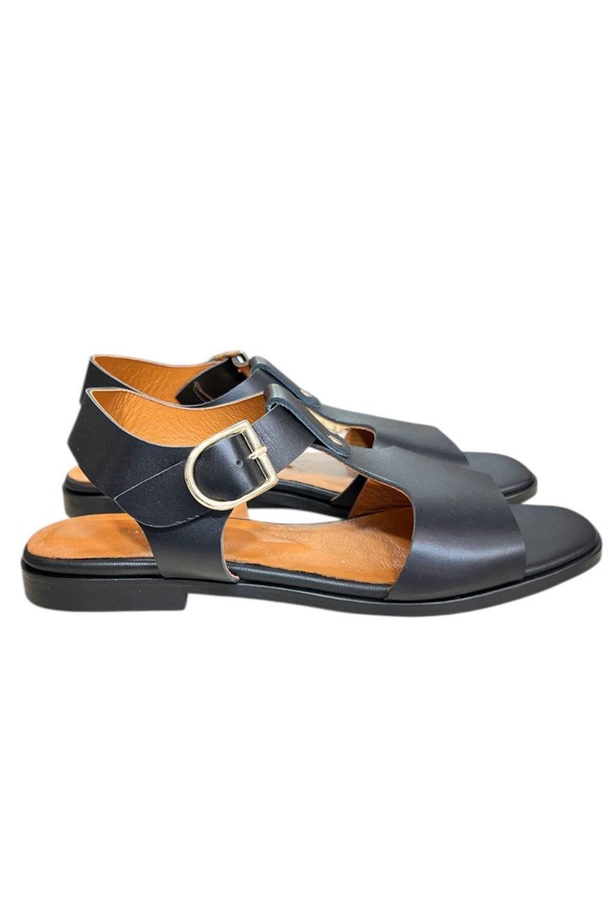TUFAN SHOES Siyah Hakiki Deri Tek Bant Bilekten Bağlı Bodrum Tarzı Sandalet
