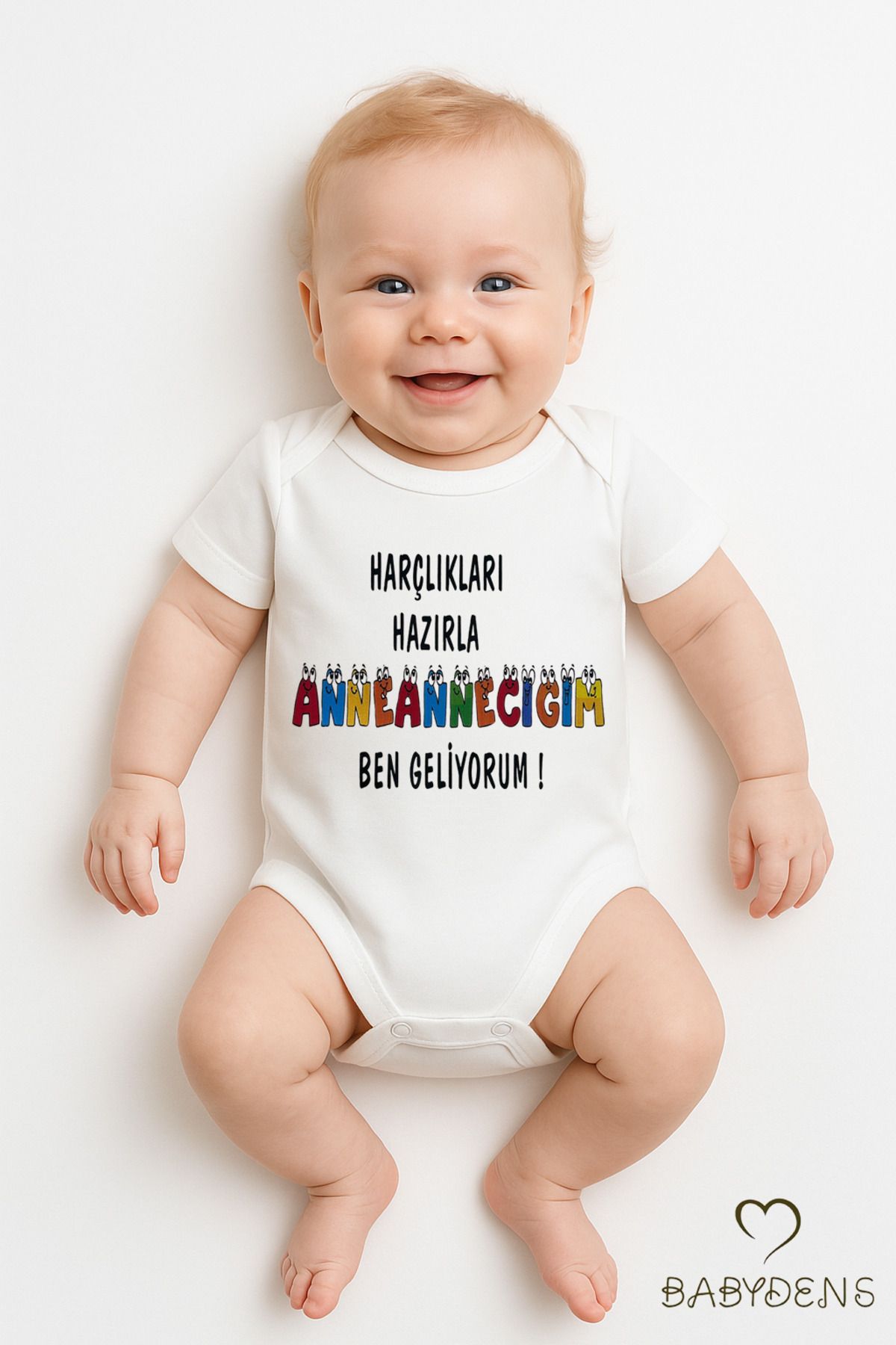 BABYDEN'S Harçlıkları Hazırla Anneanneciğim Yazılı Çıtçıtlı Bebek Zıbını %100 Pamuk Kısa Kollu Body Tulum