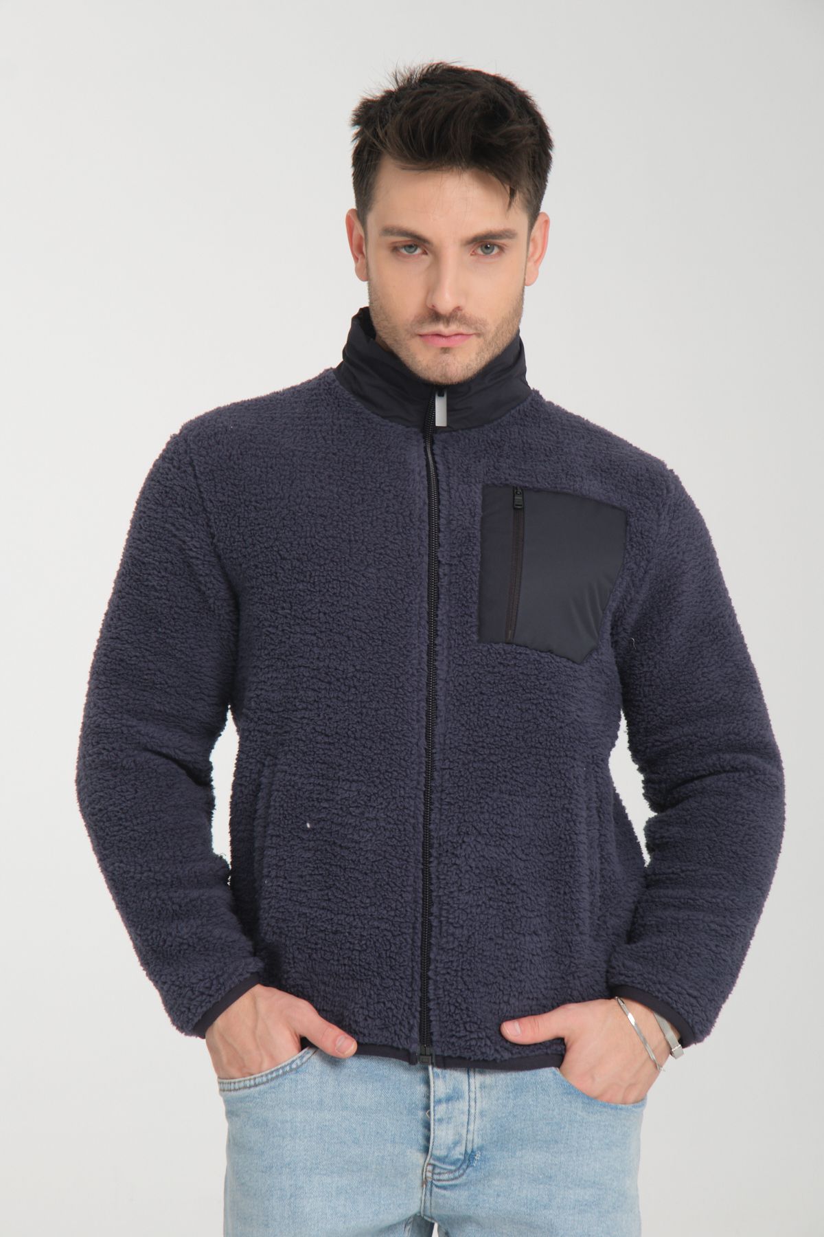 Tarz Cool Lacivert Fermuarlı Kapüşonlu Peluş Sweatshirt