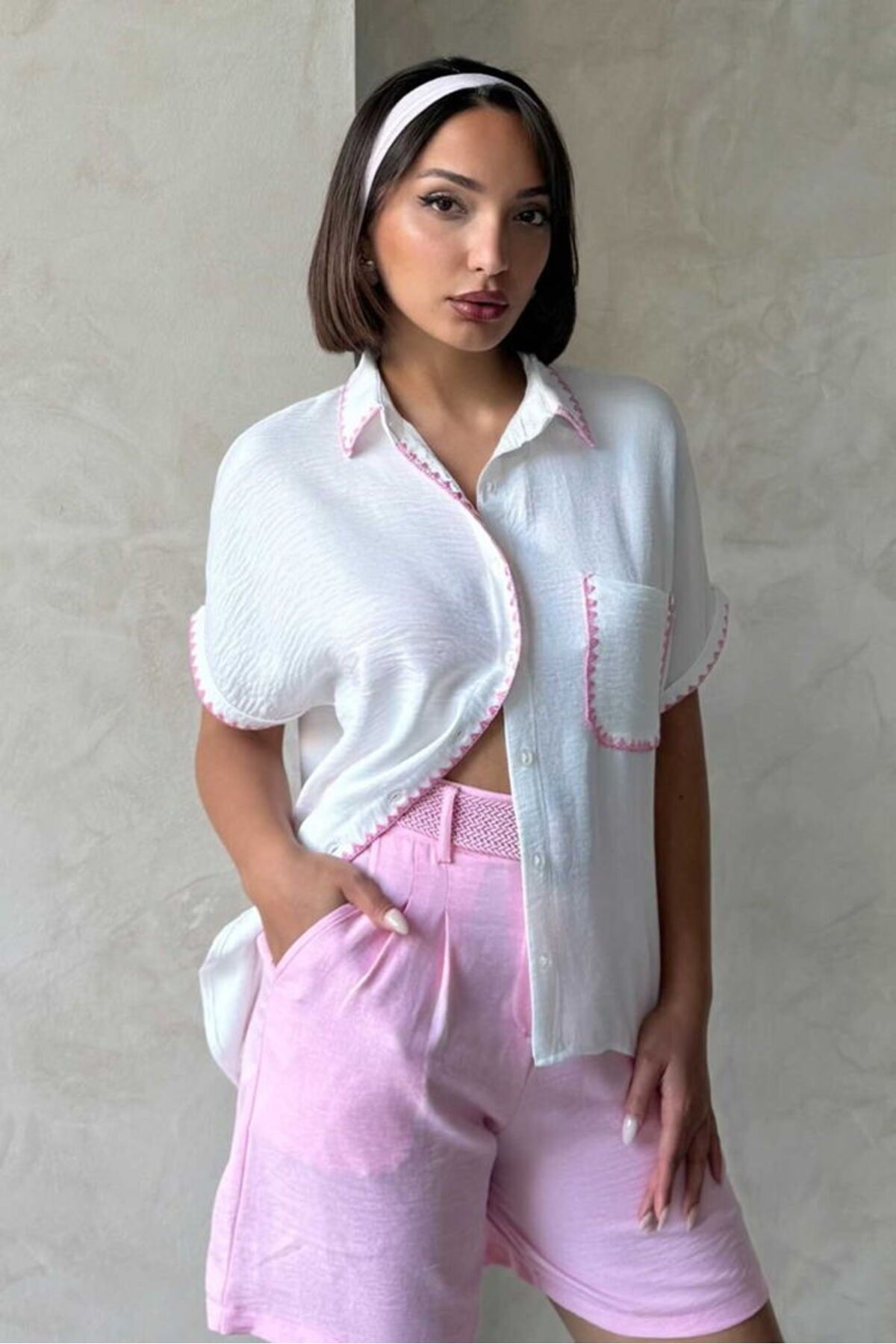 studio fashion 1988 Beyaz Çoban Sarı Dikişli %100 Keten Gömlek
