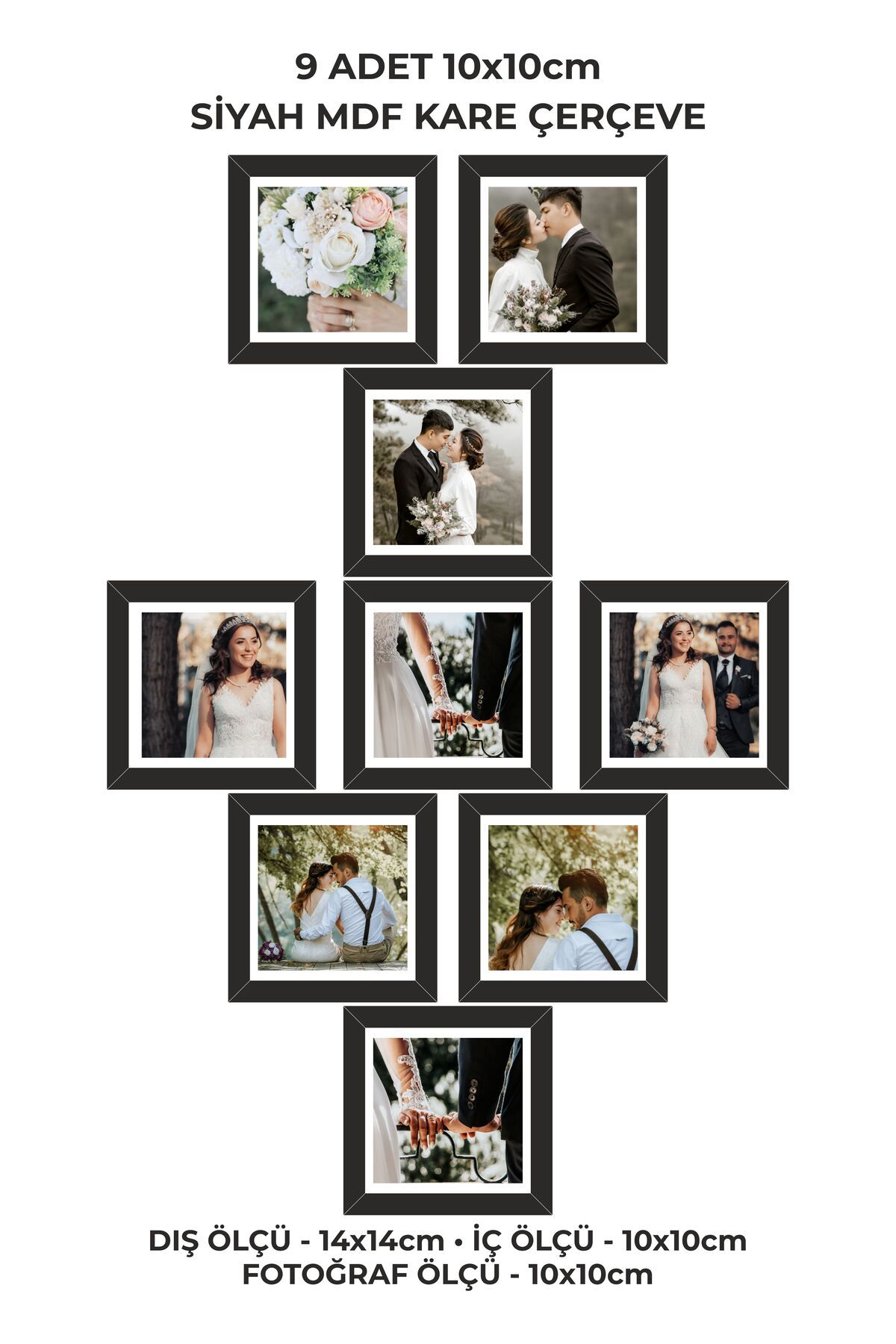 Baskılar 9 Adet 10x10 Çerçeve - Siyah Çerçeve - Kare Mdf Çerçeve - Fotoğraf Çerçeve Seti