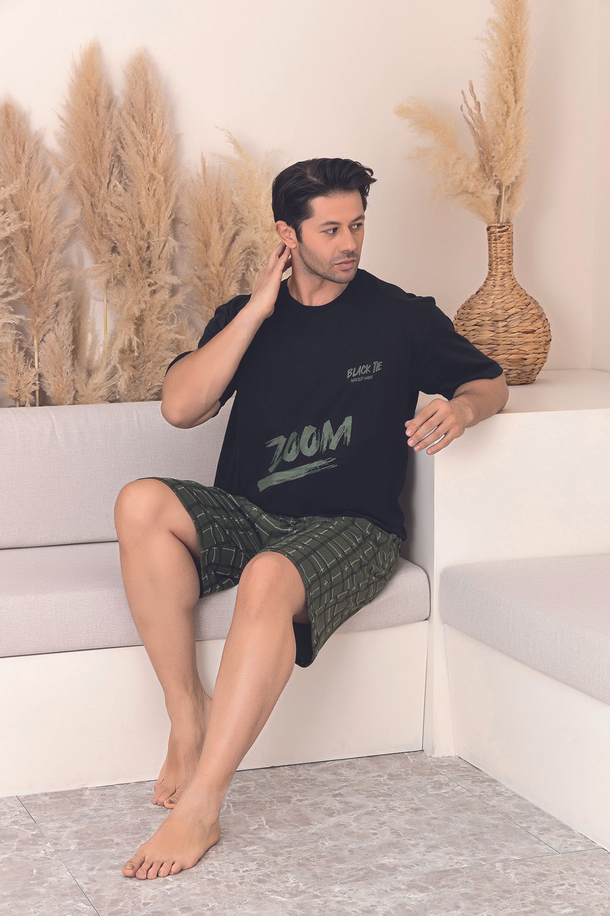 Sude HOMEWEAR ERKEK DESENLİ KISA KOL ŞORTLU PİJAMA TAKIMI