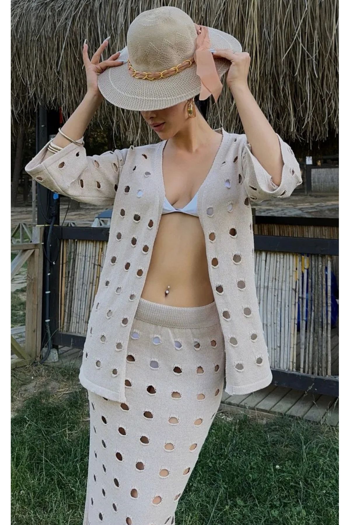 Noi Belis Ajurlu/Delikli Kısa Kol Hırka Maxi Boy Etek İnce Yazlık Takım SS25AU0009