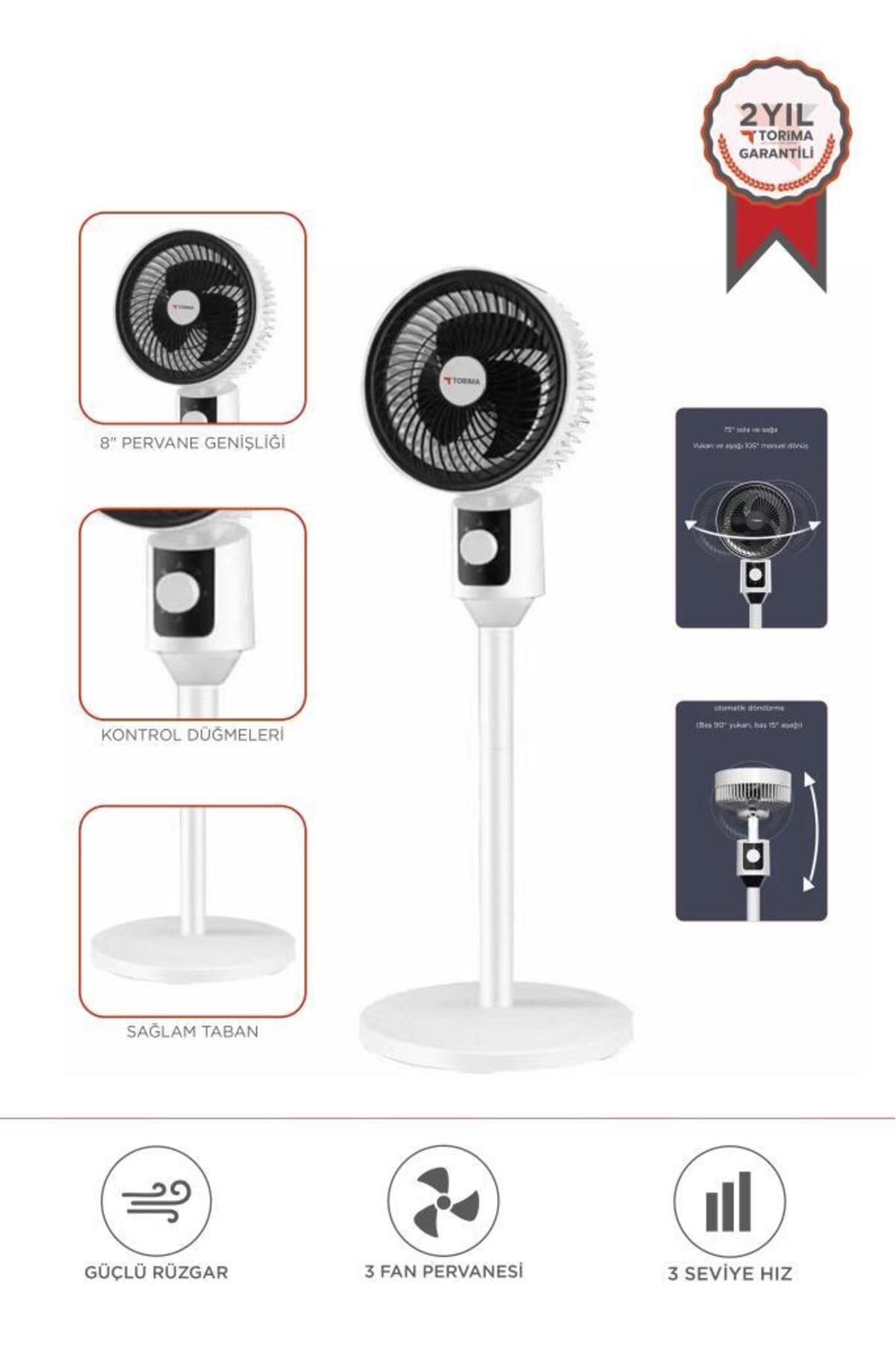Torima SF-07 Beyaz Ayaklı Portatif – 45W 3 Kademe 3 Pervaneli 8'' İnc Vantilatör Fan