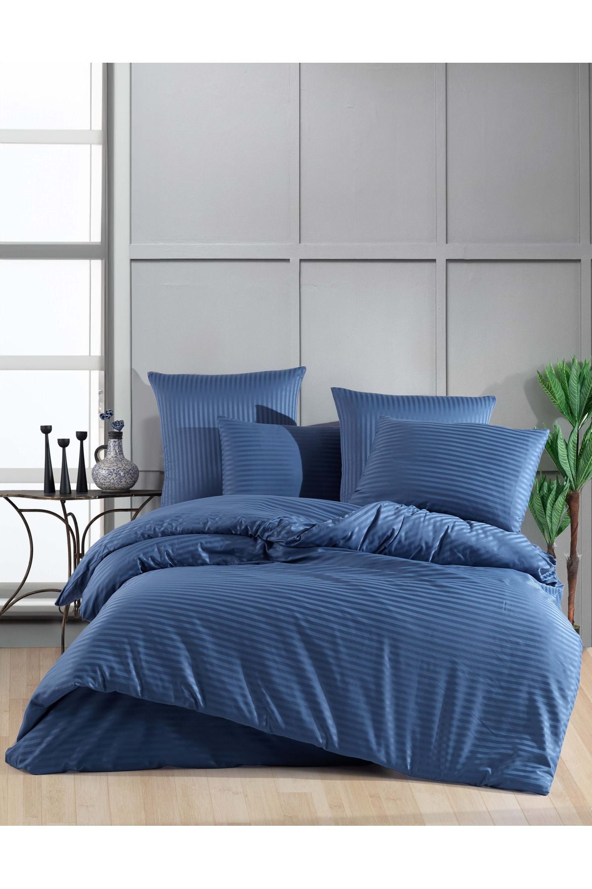 Karden Flower Pure Silk Pamuklu Saten Çift Kişilik İndigo Nevresim Takımı Listikli Çarşaflı