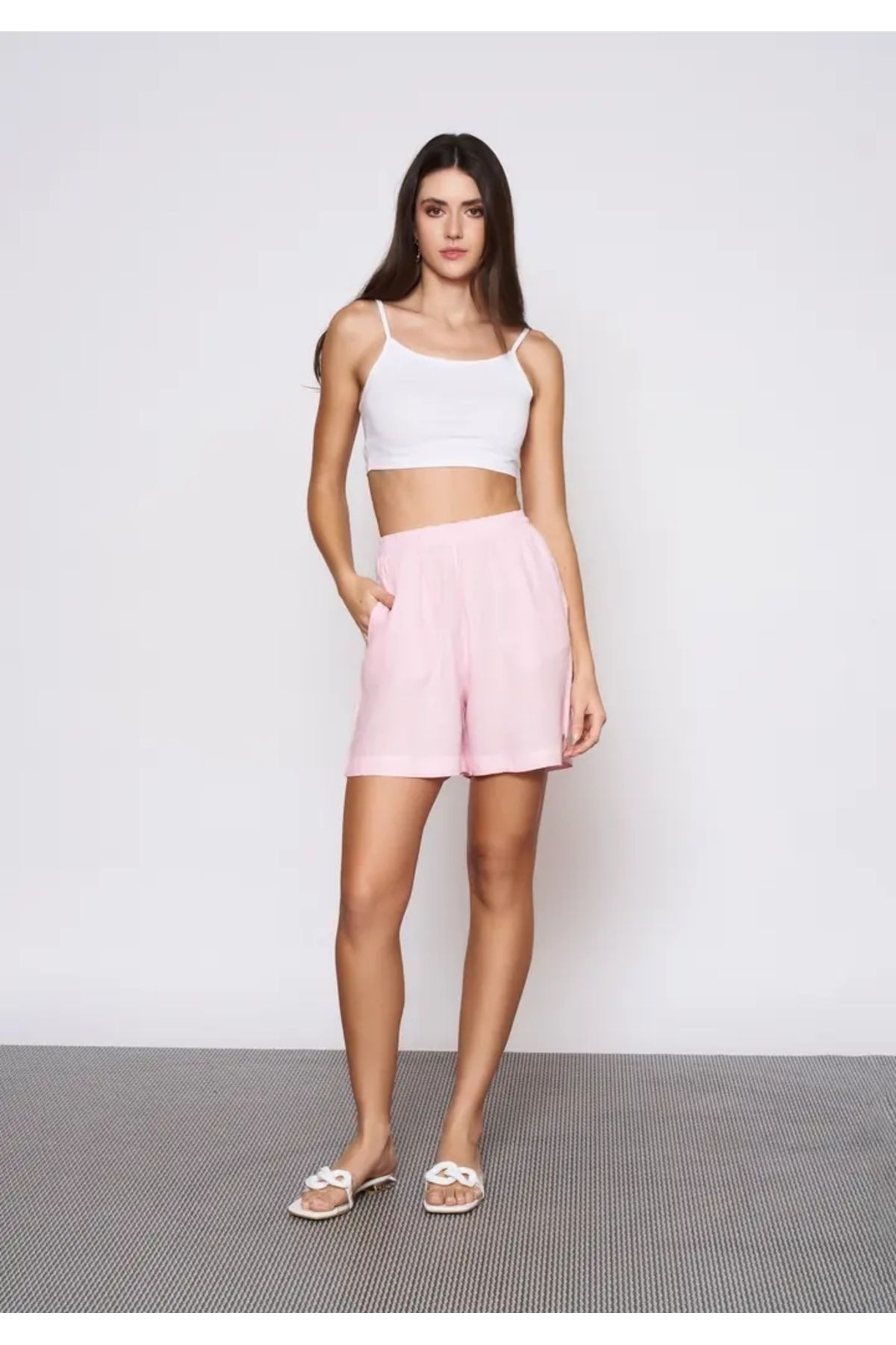 EUROFASHION Pembe Beli Lastikli Keten Şort