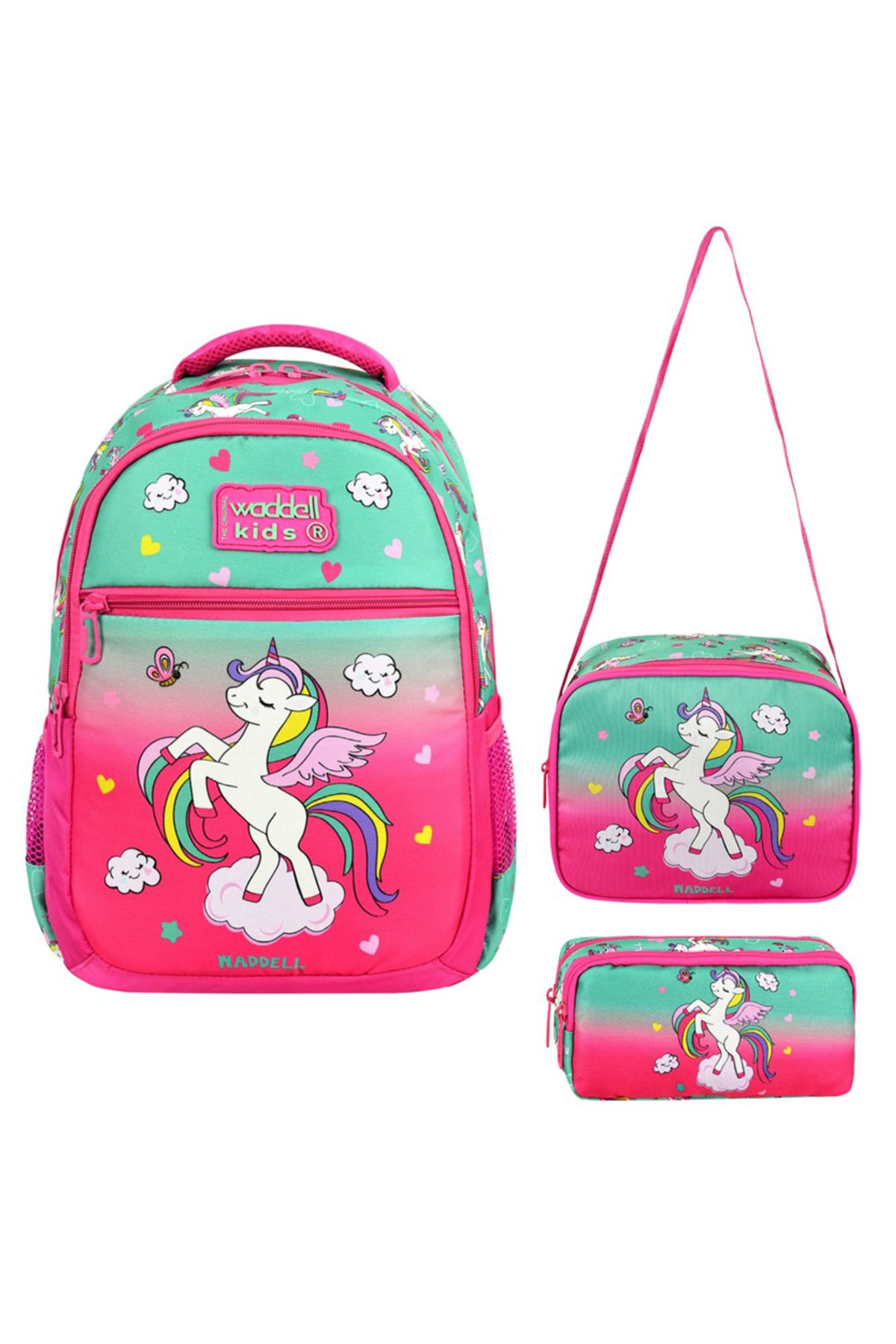 KAFF Pembe Unicorn Desenli Çanta Beslenme Kalemlik Kız Çocuk 3'lü Set İlkokul Çantası