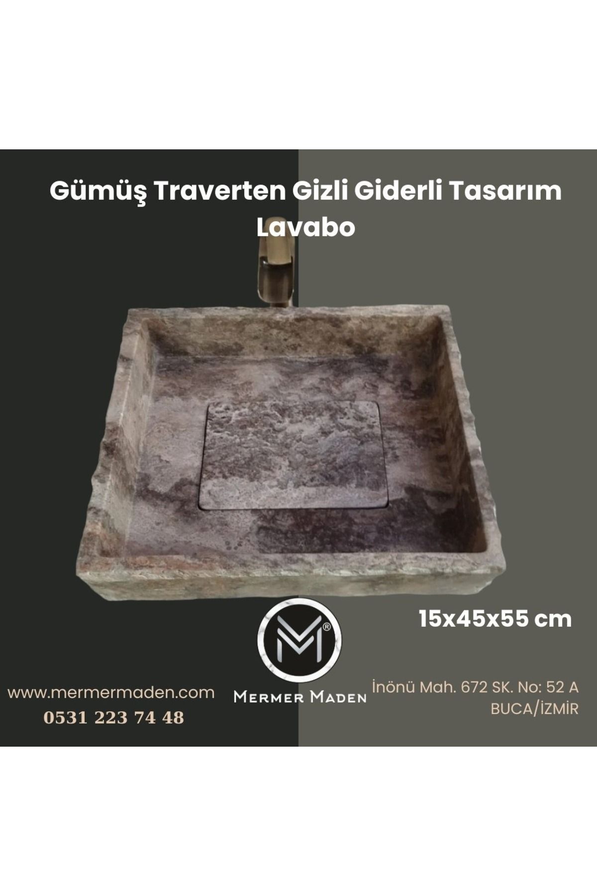 entrend11 Gümüş Traverten Gizli Giderli Tasarım Lavabo