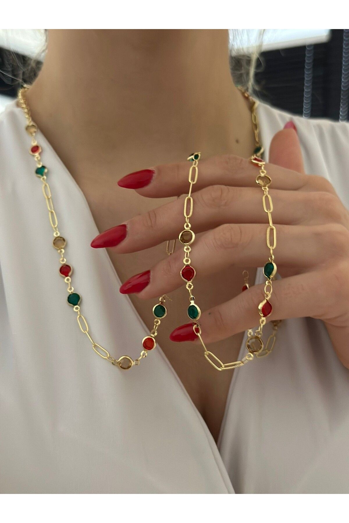 MyladyAccessoriess Zincir Ve Renkli Tek Taş Detay Dolamalı Çelik Kolye