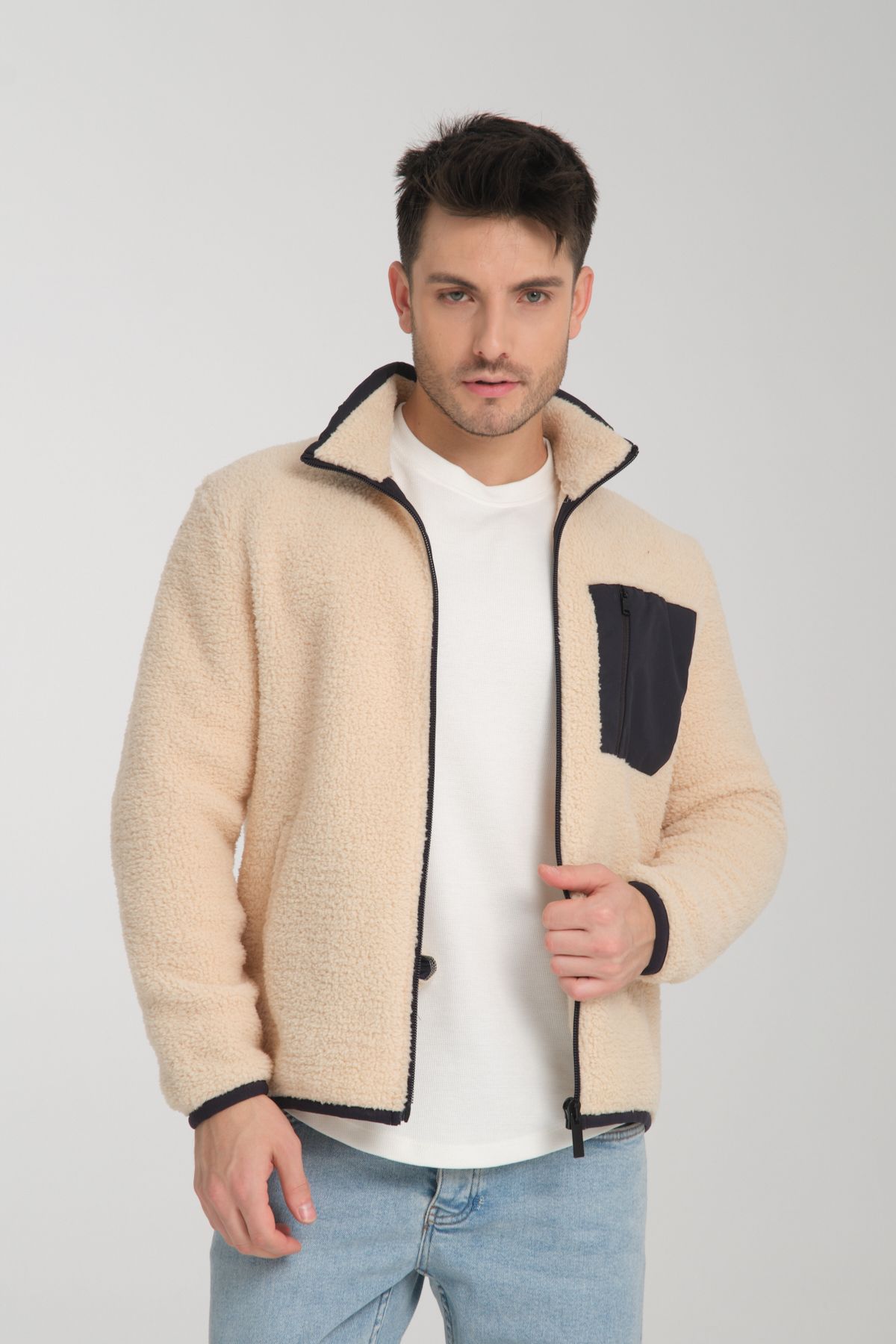 COOL TARZ Bej Fermuarlı Dik Yaka Peluş Sweatshirt