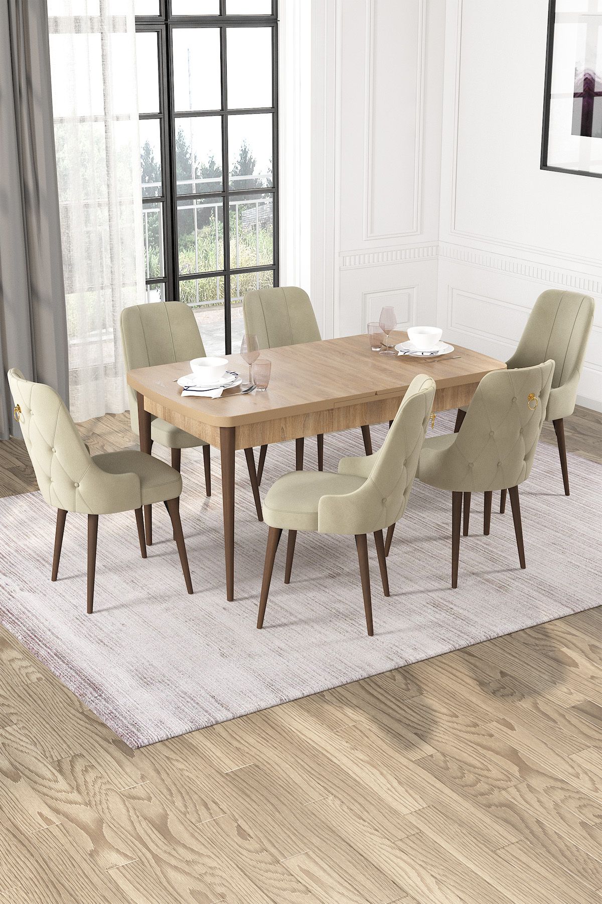 Hira Wessa Serisi 80x132 Açılabilir MDF Meşe Masa Takımı 6 Krem Sandalye Kahve Ayak