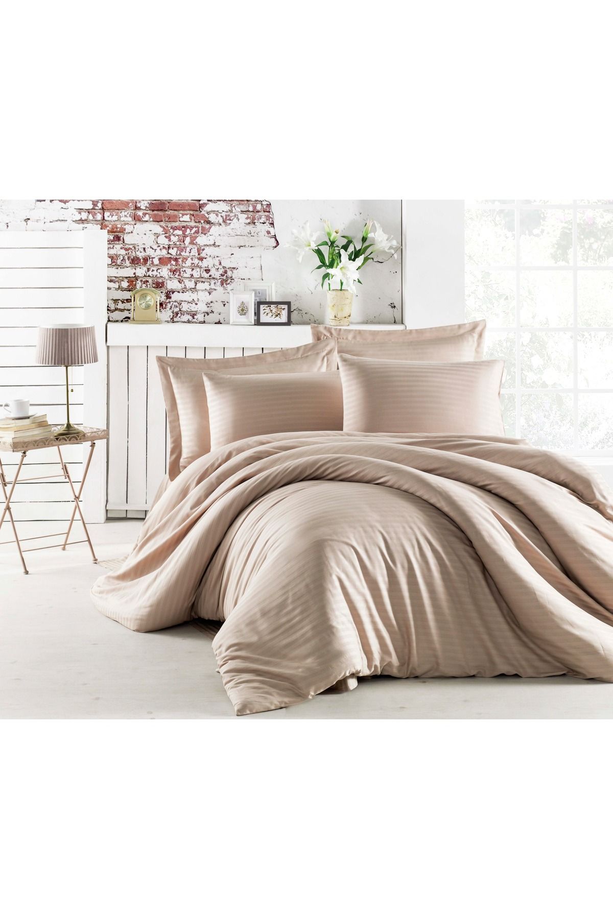 Karden Flower Pure Silk Pamuklu Saten Çift Kişilik Cappuccino Nevresim Takımı Listikli Çarşaflı
