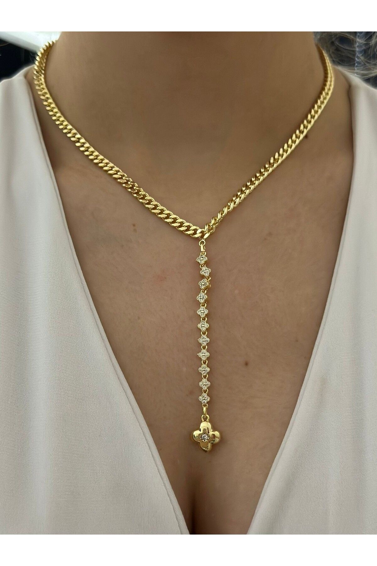 MyladyAccessoriess Zirkon Taş Detaylı Çelik Yonca Y Kolye