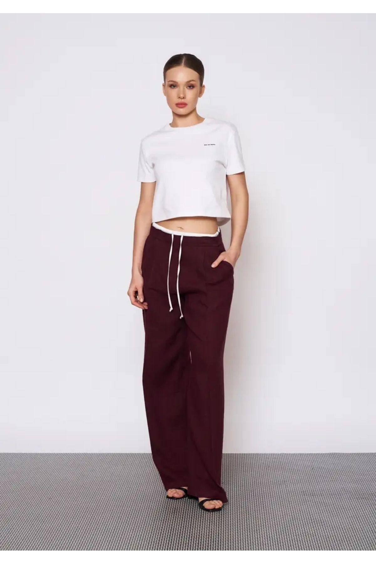 EUROFASHION Çift Bel Bantlı Yan Fermuarlı Bordo Keten Pantolon