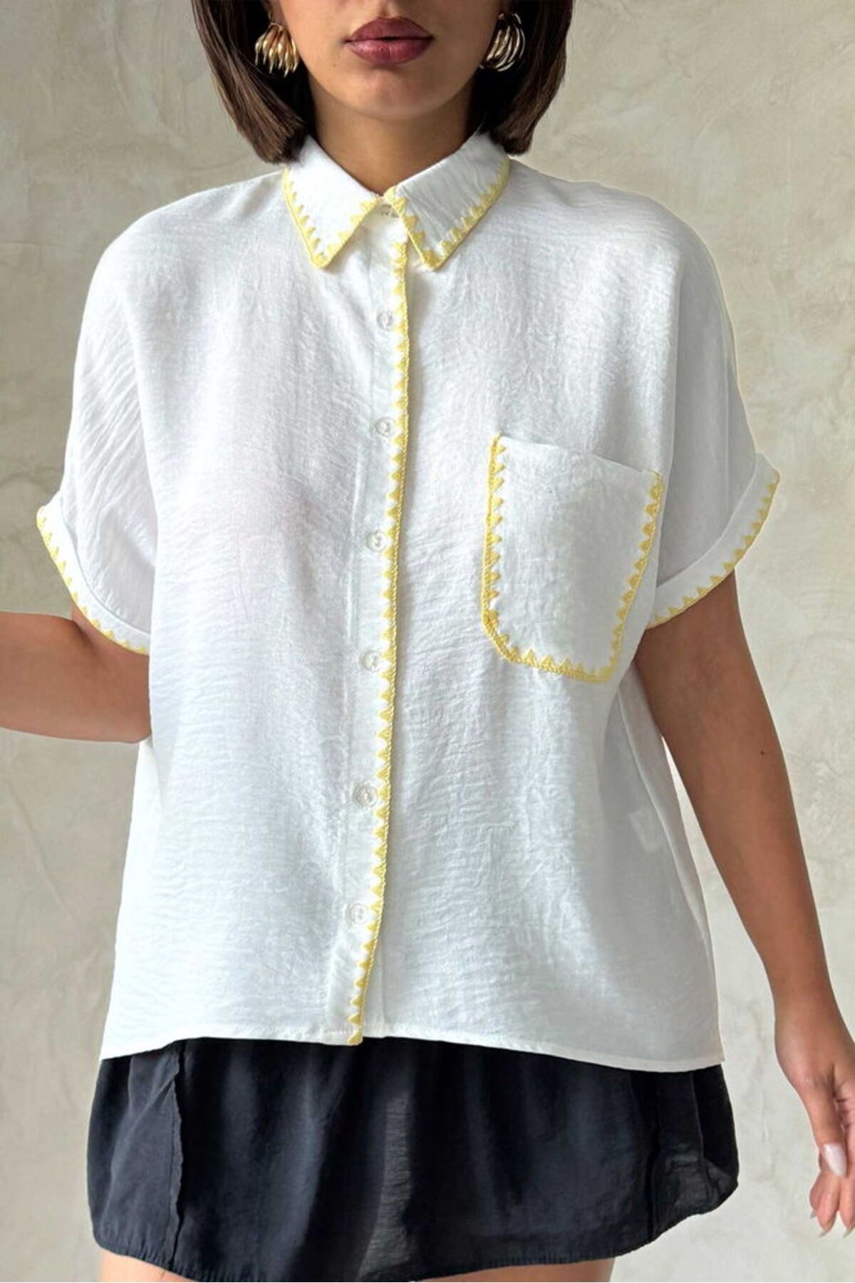 studio fashion 1988 Beyaz Çoban Sarı Dikişli %100 Keten Gömlek