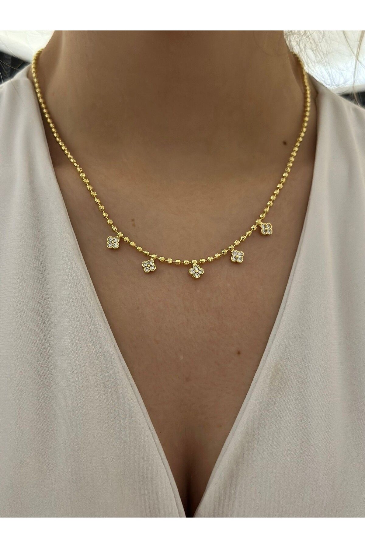 MyladyAccessoriess Baget Taş Yonca Ve Topçuk Zincir Detay Çelik Kolye