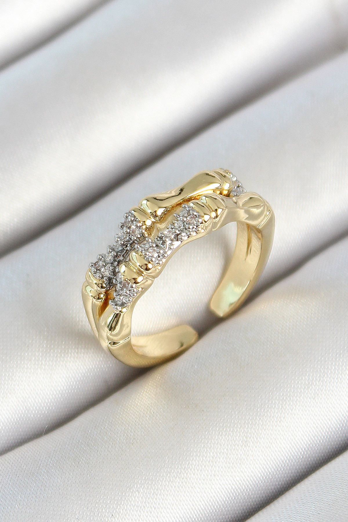 STİLLOVE Pirinç Kemik Figürlü Zirkon Taşlı Gold Renk Ayarlanabilir Kadın Yüzük SL12010