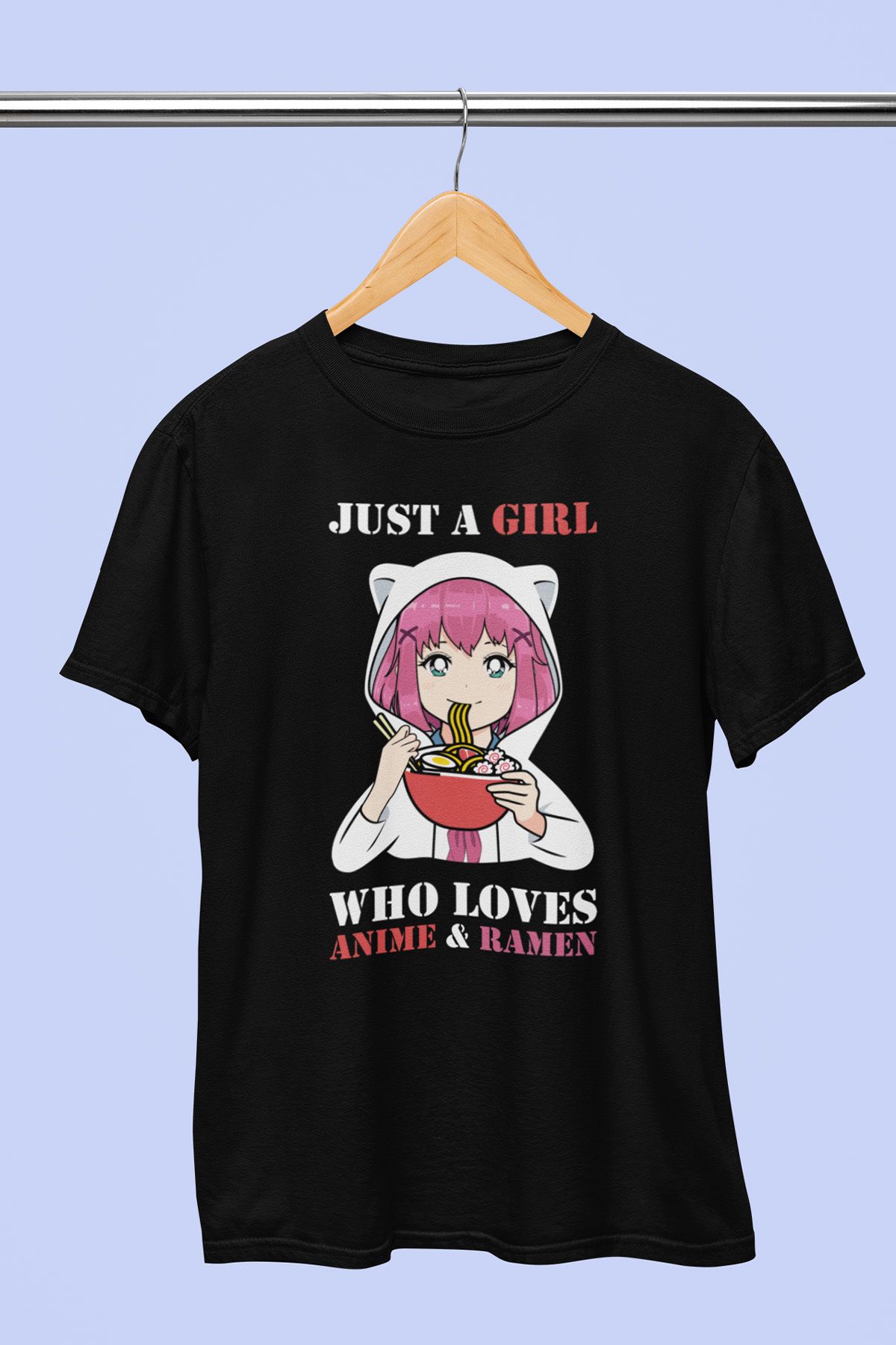 giftkonsept Just A girl Who Loves Anime & Ramen Anime Hediyelik %100 Pamuklu Regular Siyah Tişört