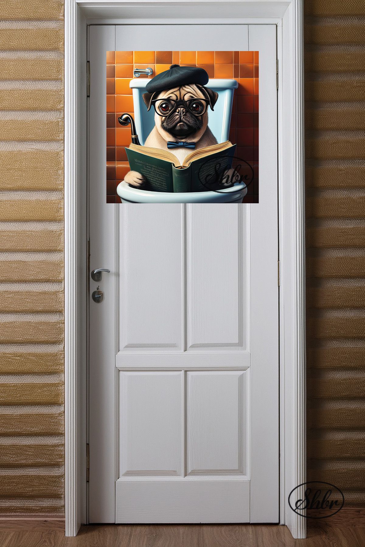 Şehber Tekli, Kare, Kanvas, Dekoratif, Duvar, Tablosu , Pug, Tuvalette Okumuş Köpek,