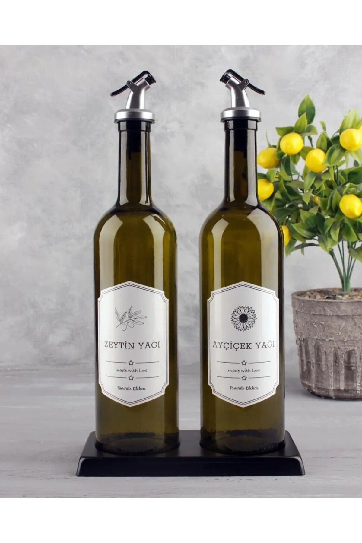 FAVENO Yeşil Yağdanlık - 2'li 750 Ml Zeytinyağı-sıvıyağ Şişesi Yağlık Sirkelik Seti Damlatmaz