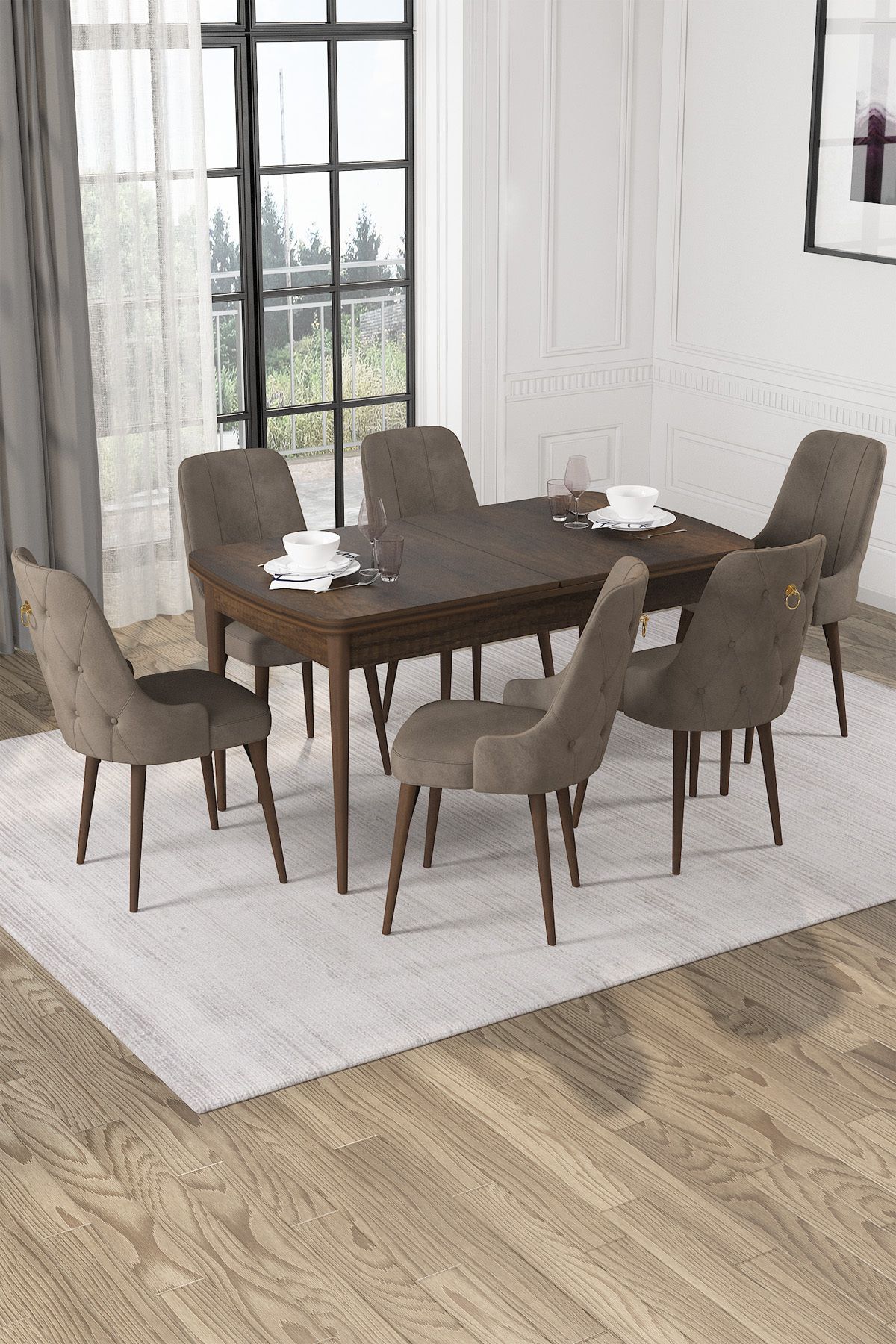 Hira Wessa Serisi 80x132 Açılabilir MDF Barok Ahşap Desen Masa Takımı 6 Cappucino Sandalye