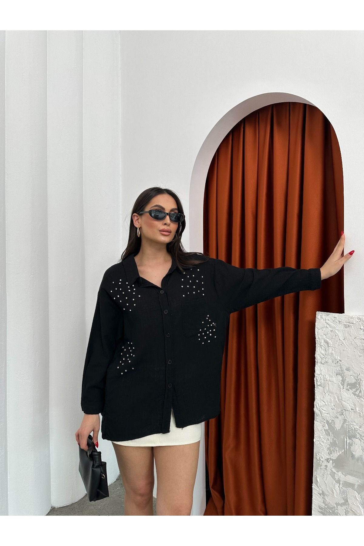 AsprinFashion CEBİ TAŞ BASKILI KETEN GÖMLEK