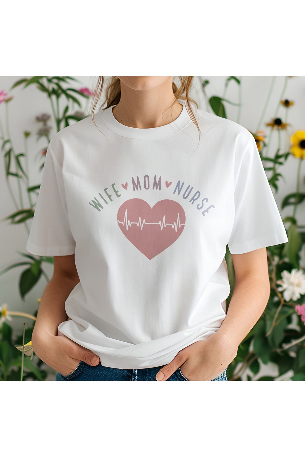 giftkonsept Wife Mom Nurse Hemşire Hediyelik %100 Pamuklu Regular Beyaz Tişört