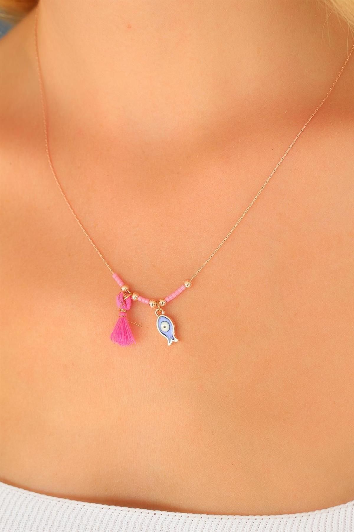 Celira Nazar Boncuklu Pembe Renk Taşlı Rose Kolye