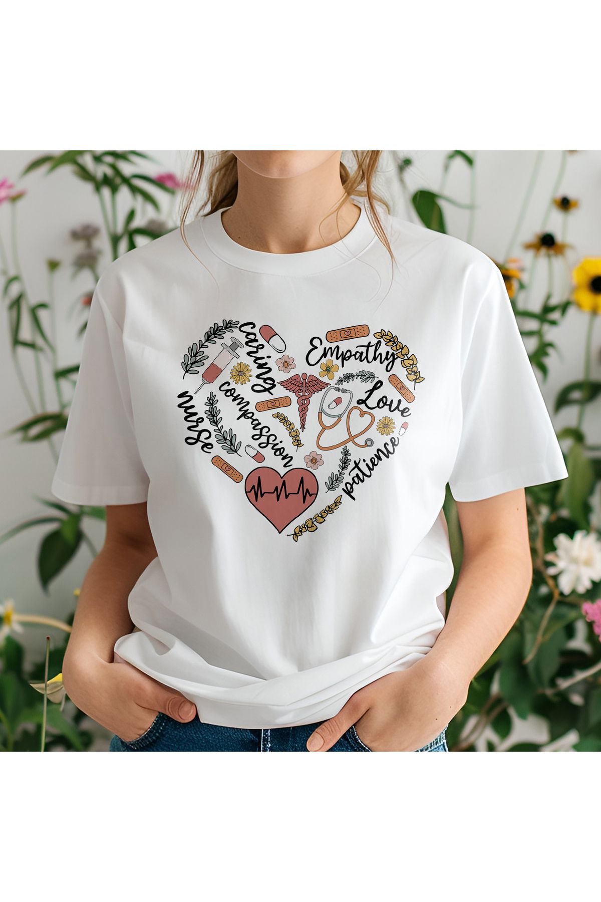 giftkonsept Nurse Emphaty Love Hemşire Hediyelik %100 Pamuklu Regular Beyaz Tişört