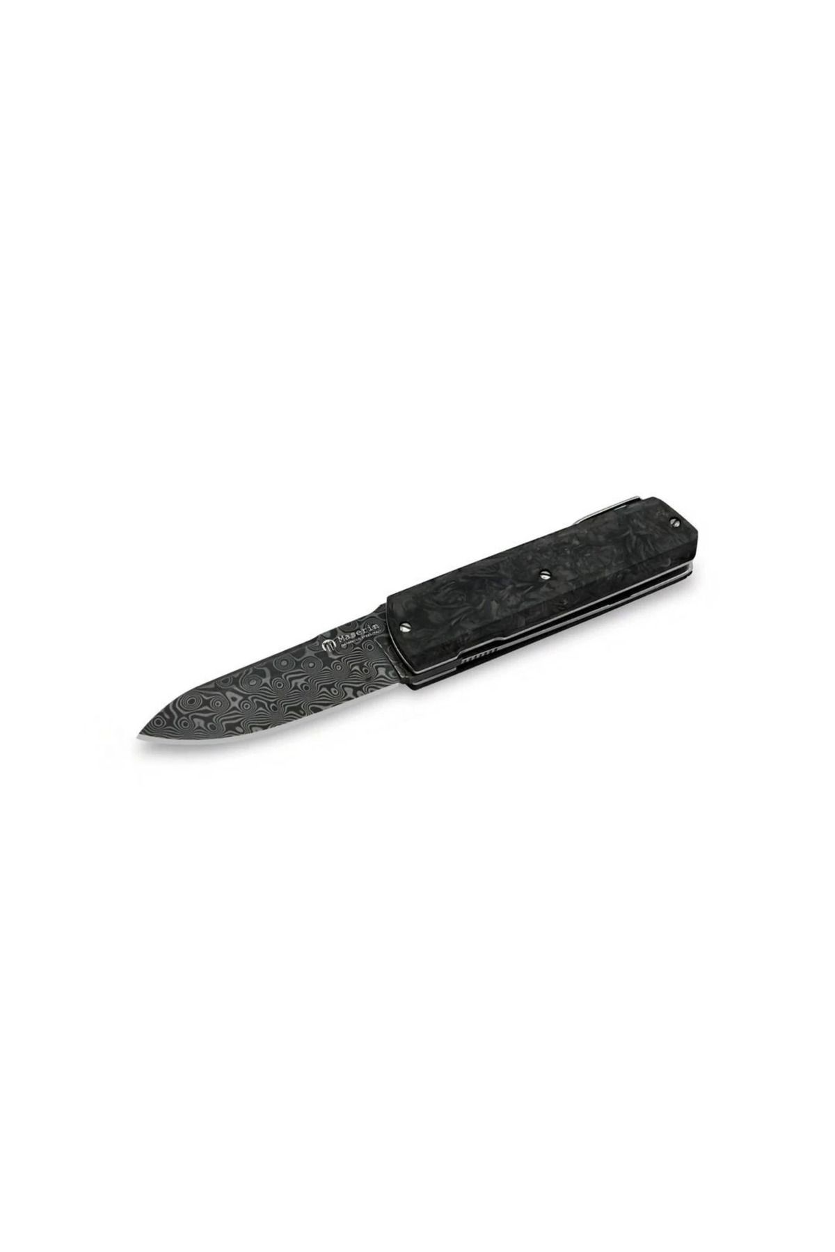 MASERIN Silver Damascus Blade Black Fat Carbon Handle Çakı