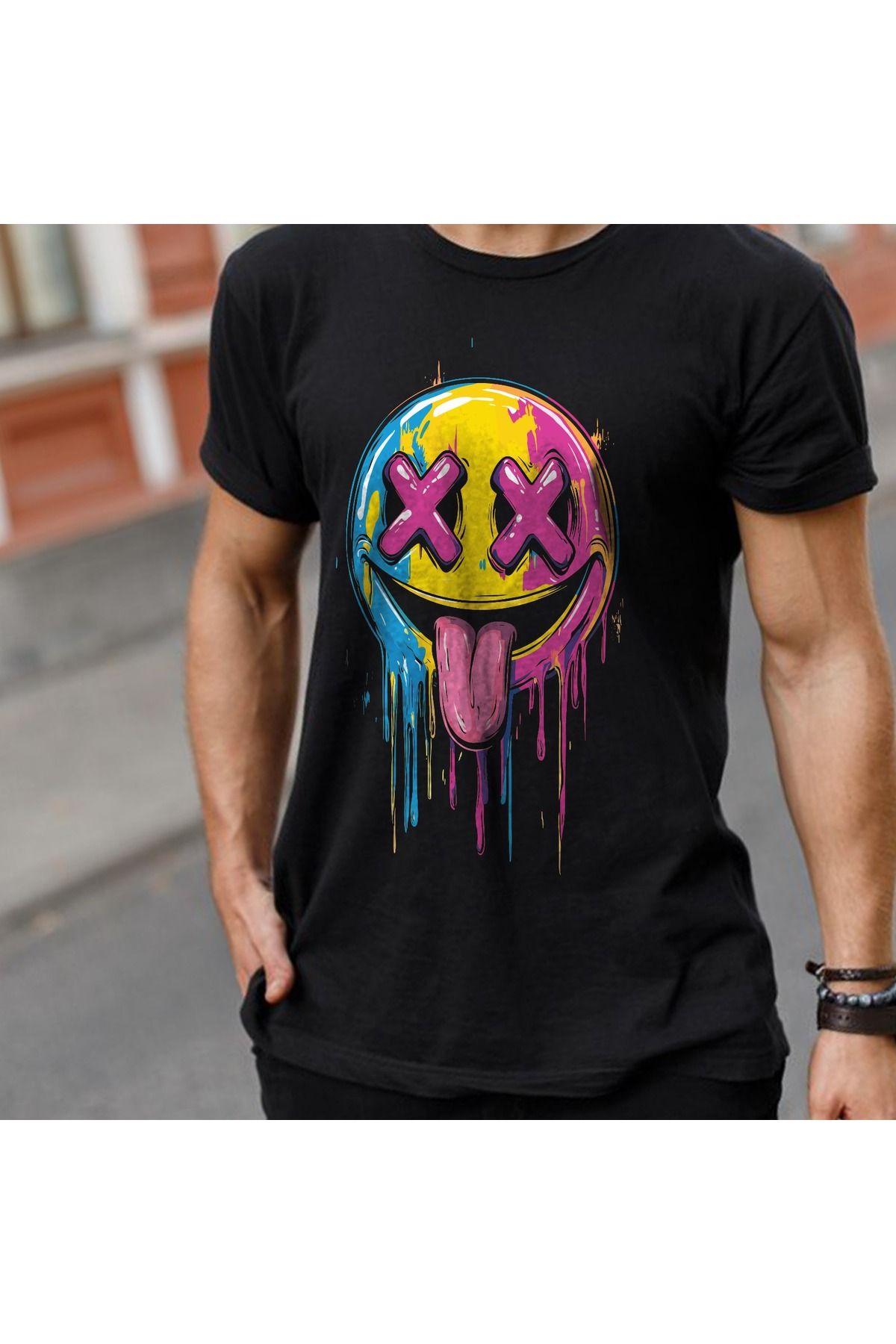 aynewmoda Büyük Beden Kayık Yaka (smily face) Baskılı Oversize %100 Pamuk T-shirt