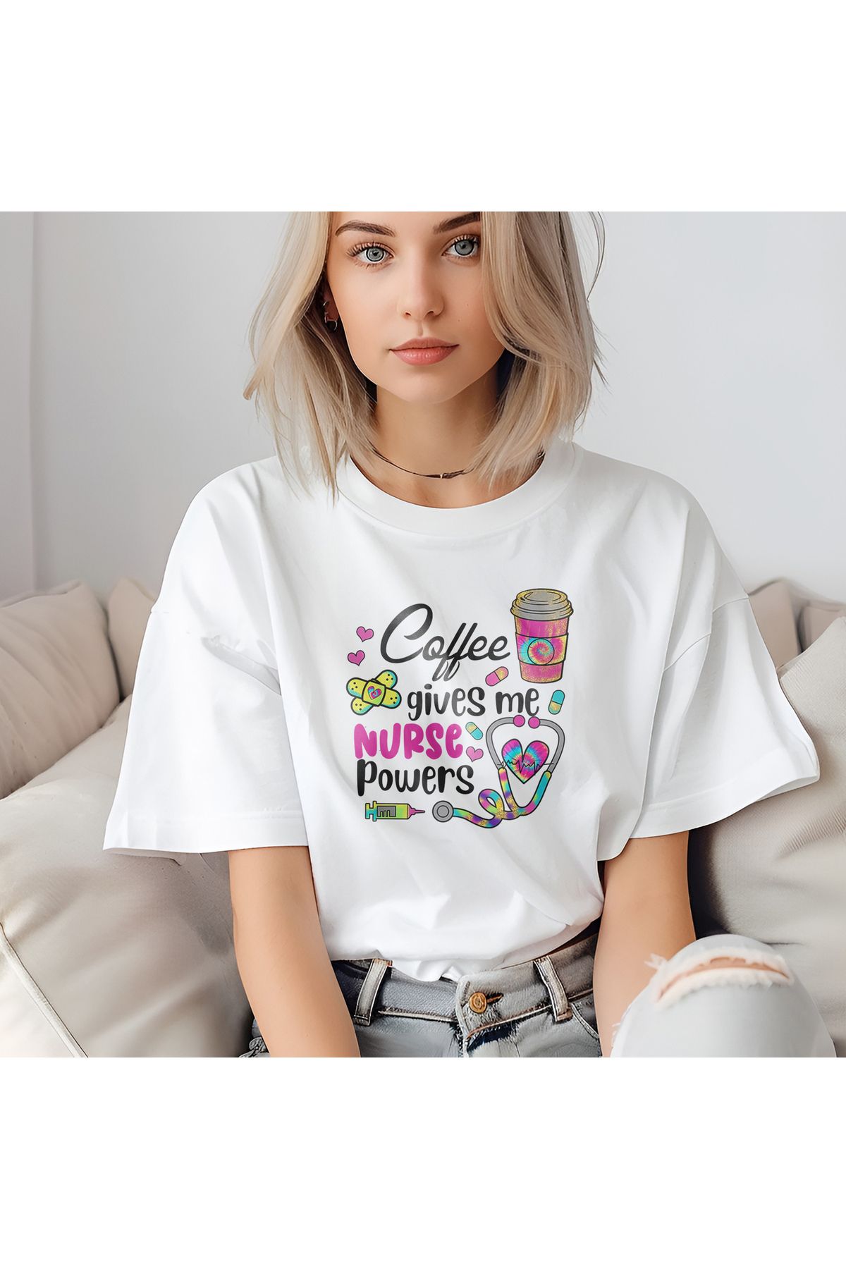 giftkonsept Coffee Gives Me Nurse Powers Hemşire Hediyelik %100 Pamuklu Regular Beyaz Tişört