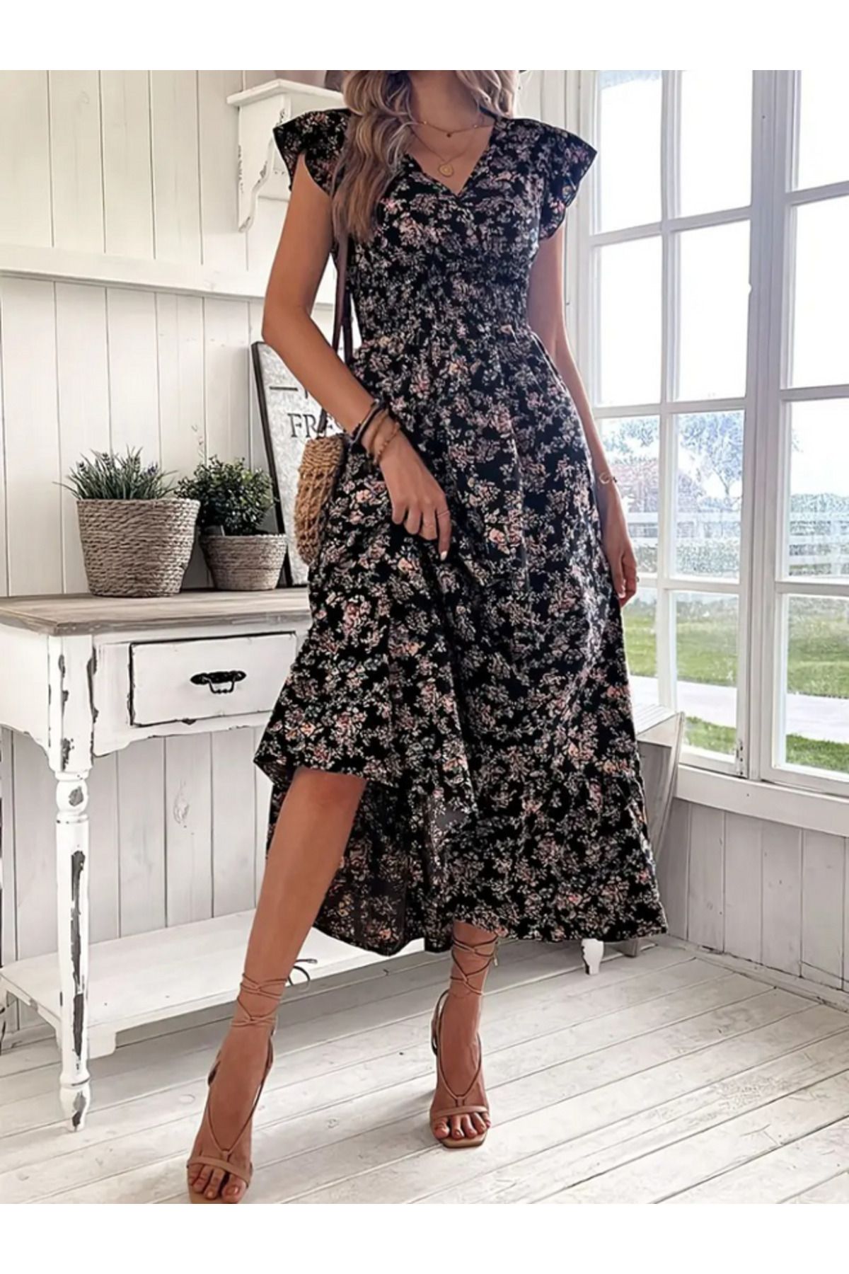 GÜLÇİNCE Siyah Çiçek Desenli Yaz Plaj Deniz Kumsal İş Ofis S M L XL 2XL 3XL Beden Elbise