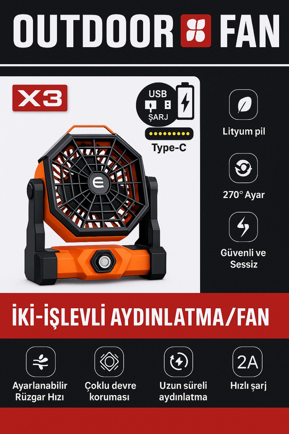 electroawm Taşınabilir LED Fenerli Kamp Vantilatörü, Şarj Edilebilir Çadır Vantilatörü X3