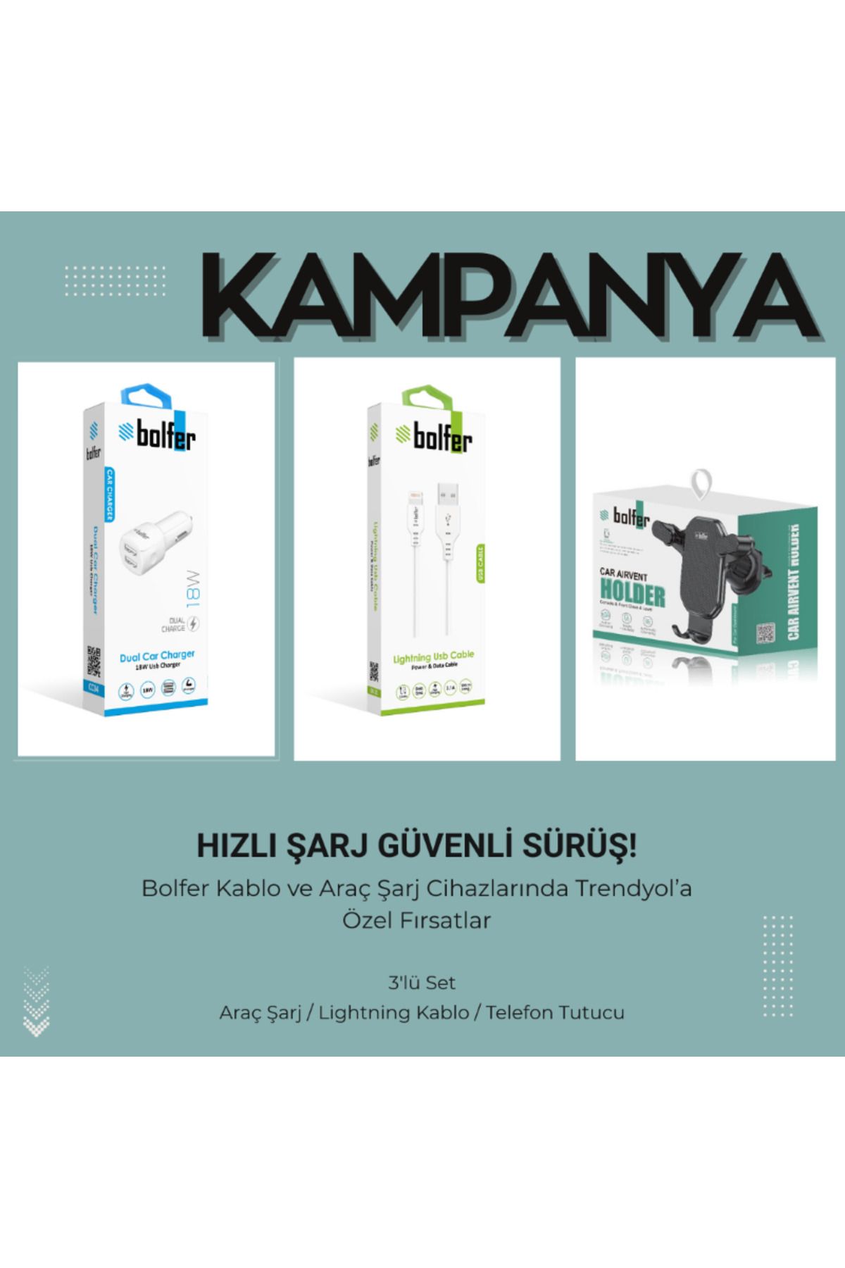 bolfer Araç İçi Telefon Tutucu Lightning Şarj Kablosu Araç İçi Şarj Soketi 3' lü Set