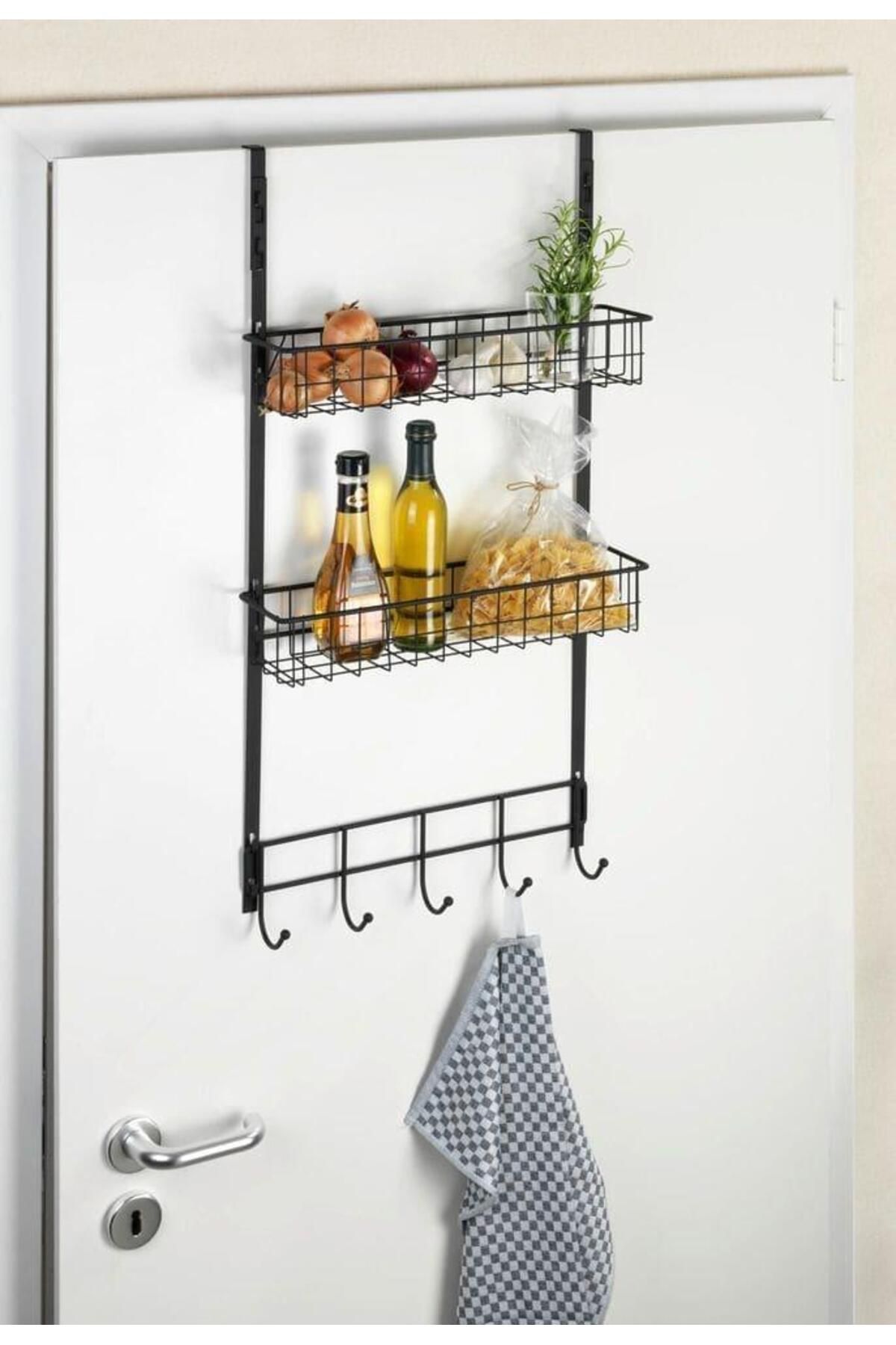 Saban Metal,Siyah Askılı Kapı Rafı –2 Sepetli + 5 Kancalı, Mutfak, Banyo ve Yatak Odası 39 x 75 x 10