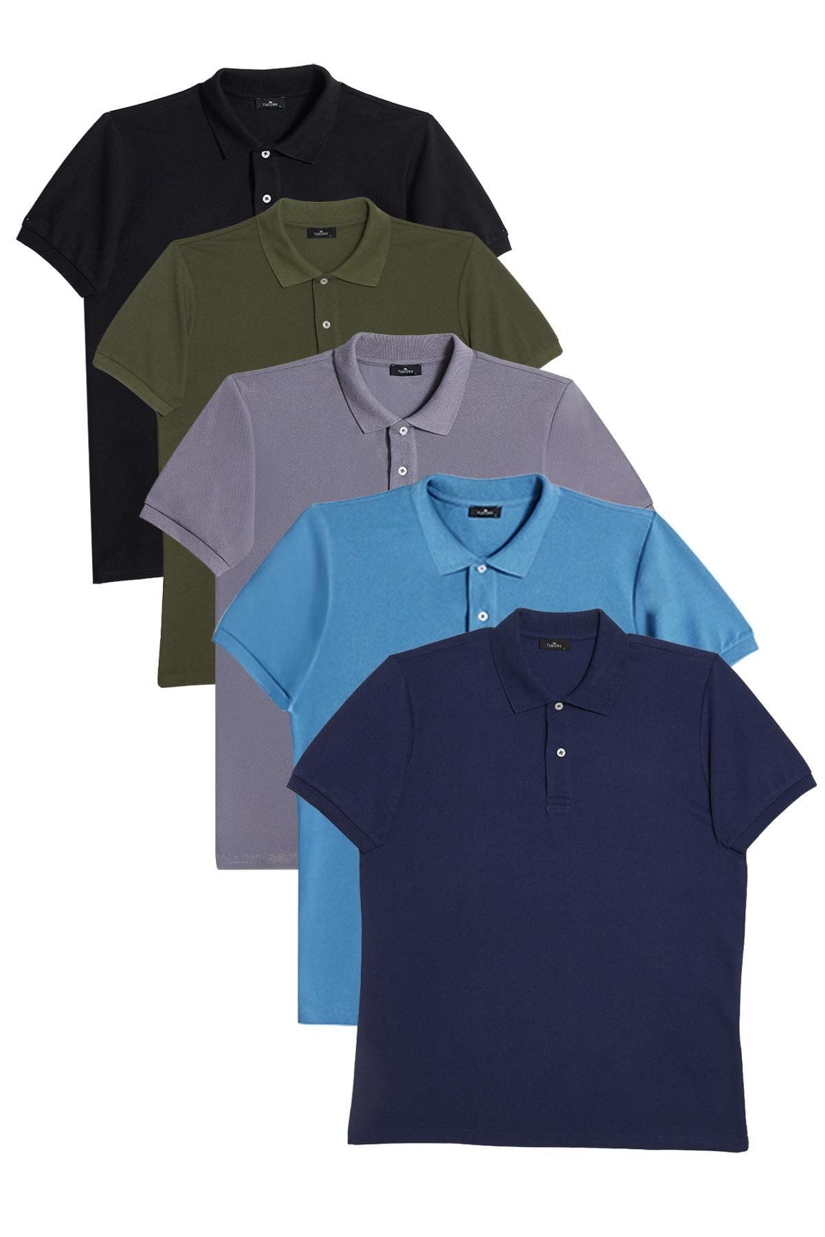 Tudors Erkek 5'li Paket Lacivert-Mavi-Gri-Haki-Siyah Slim Fit Pamuklu Düz Pike Polo Yaka Tişört
