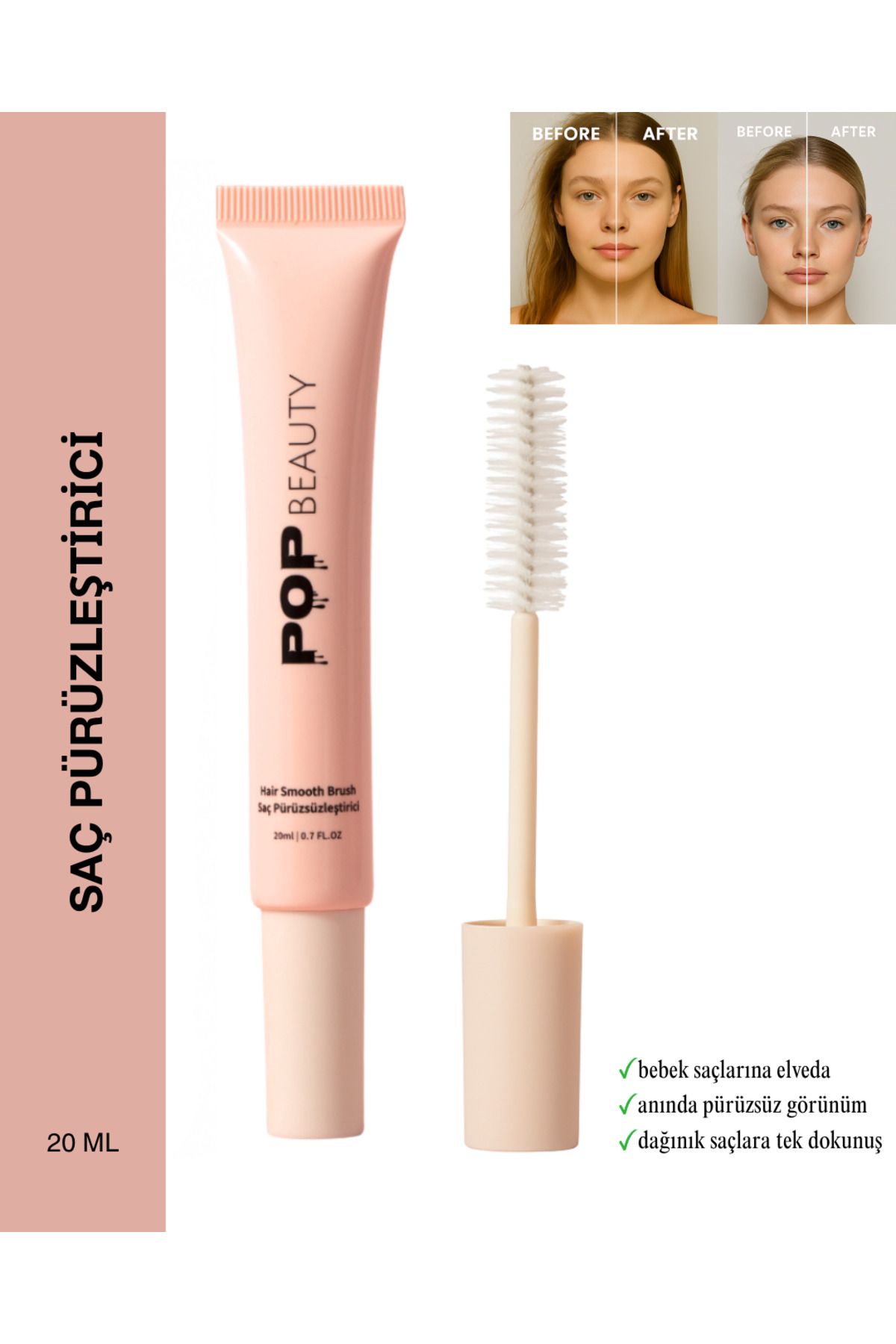 POP Beauty Saç Pürüzsüzleştirici, Şekillendirici ve Sabitleyici Fırça (Hair Smooth Brush / Wax Stick), 20 ml