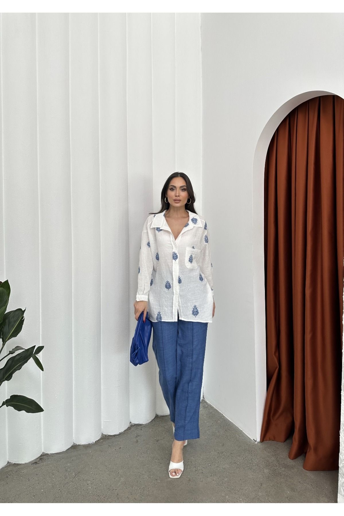AsprinFashion NAKIŞLI KETEN KUMAŞLI GÖMLEK