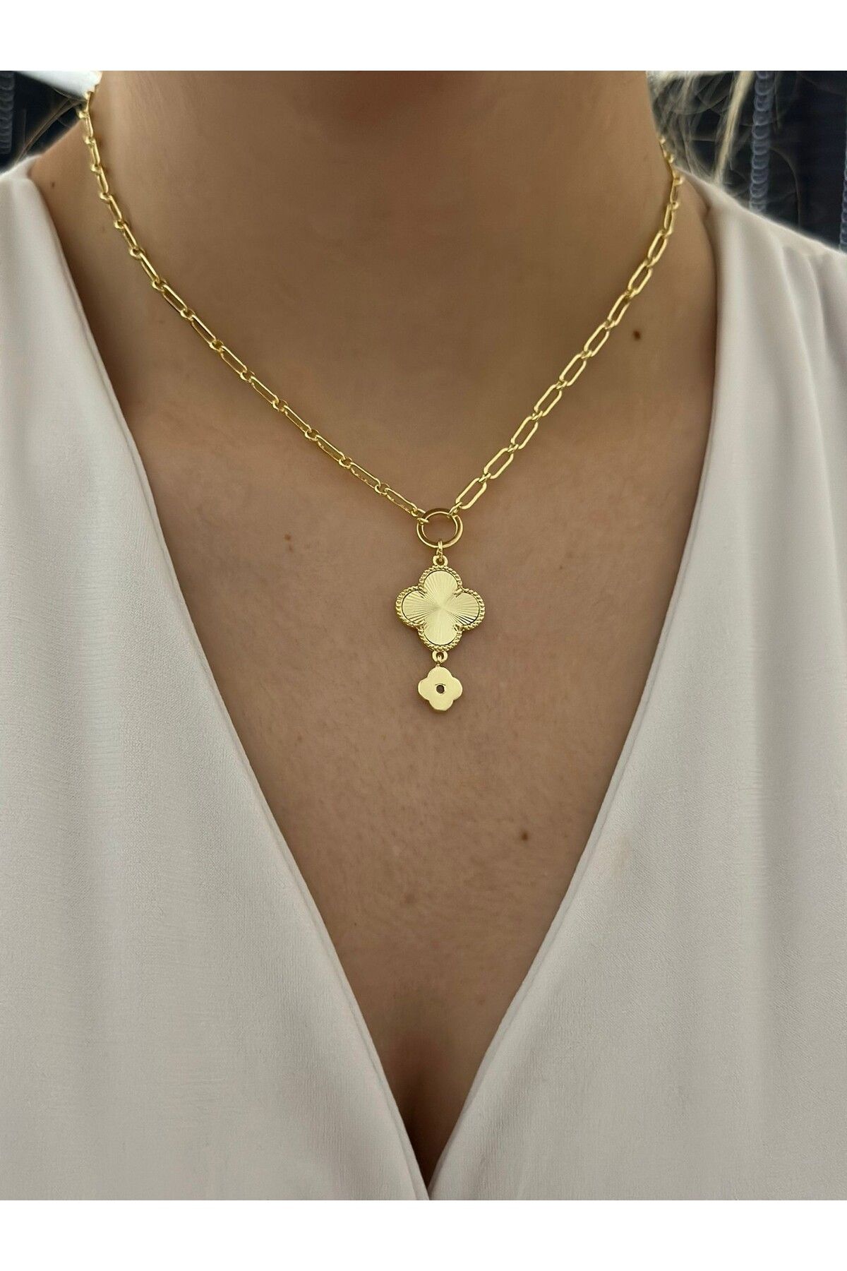 MyladyAccessoriess Büyüklü Küçüklü Yonca Detay Çelik Kolye