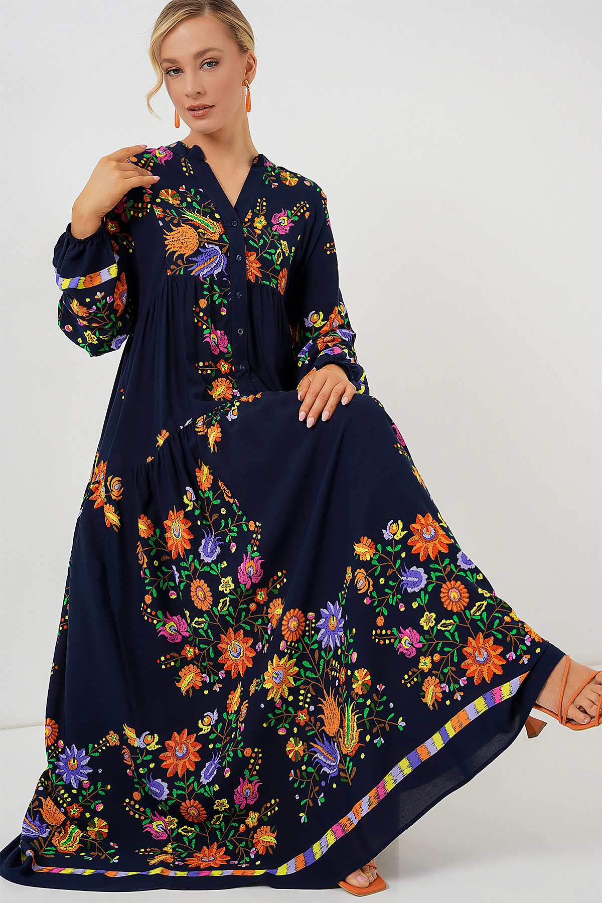 Bigdart  2423 Otantik Desenli Tesettür Elbise - Düz Lacivert - Görsel 2