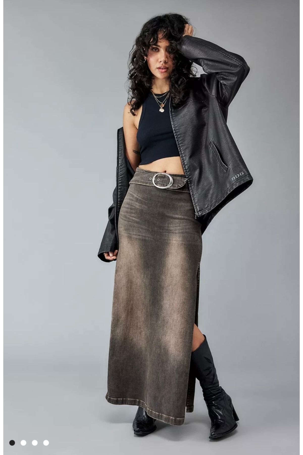 VibeGaia İki Yanı Yırtmaçlı Kemerli Denim Maxi Etek Kahve